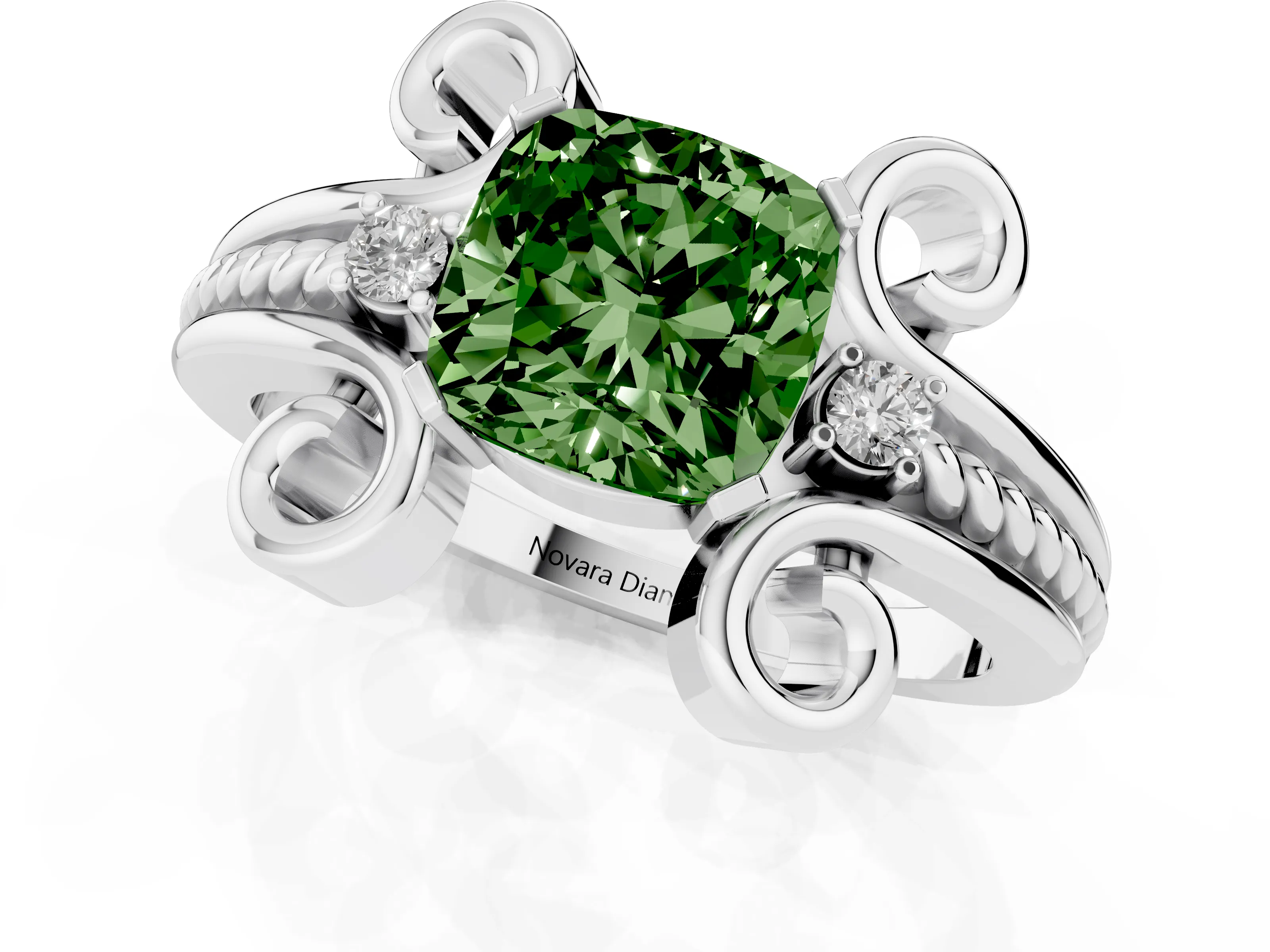 Fancy Green Cushion Cut Diamond Twisted Band Solitaire Ring Set in White gold with Scroll Prongs