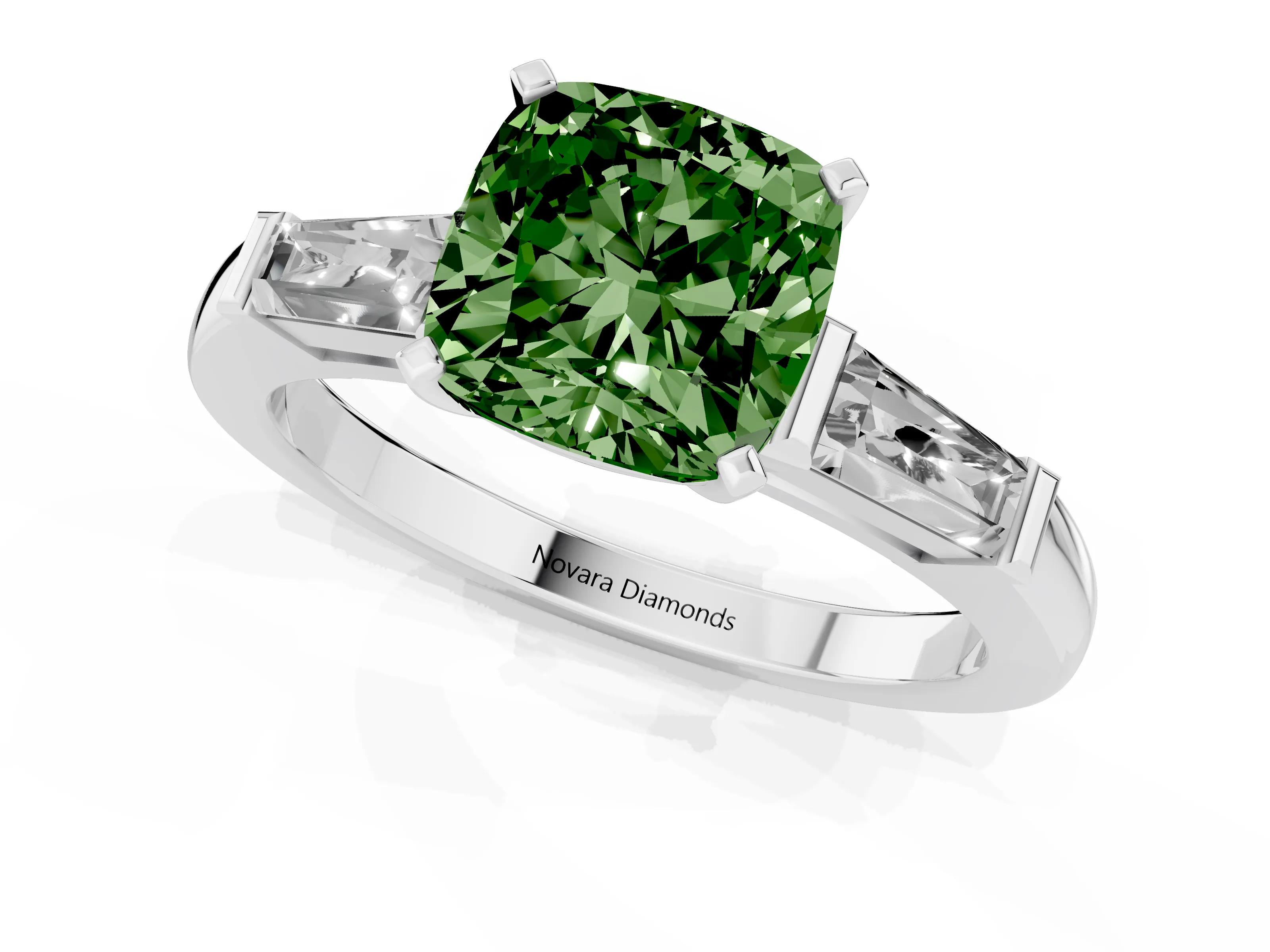 Fancy Green Cushion Cut Diamond Solitaire Ring Set in Platinum with Tapered Baguette Side Stones and Prong Setting