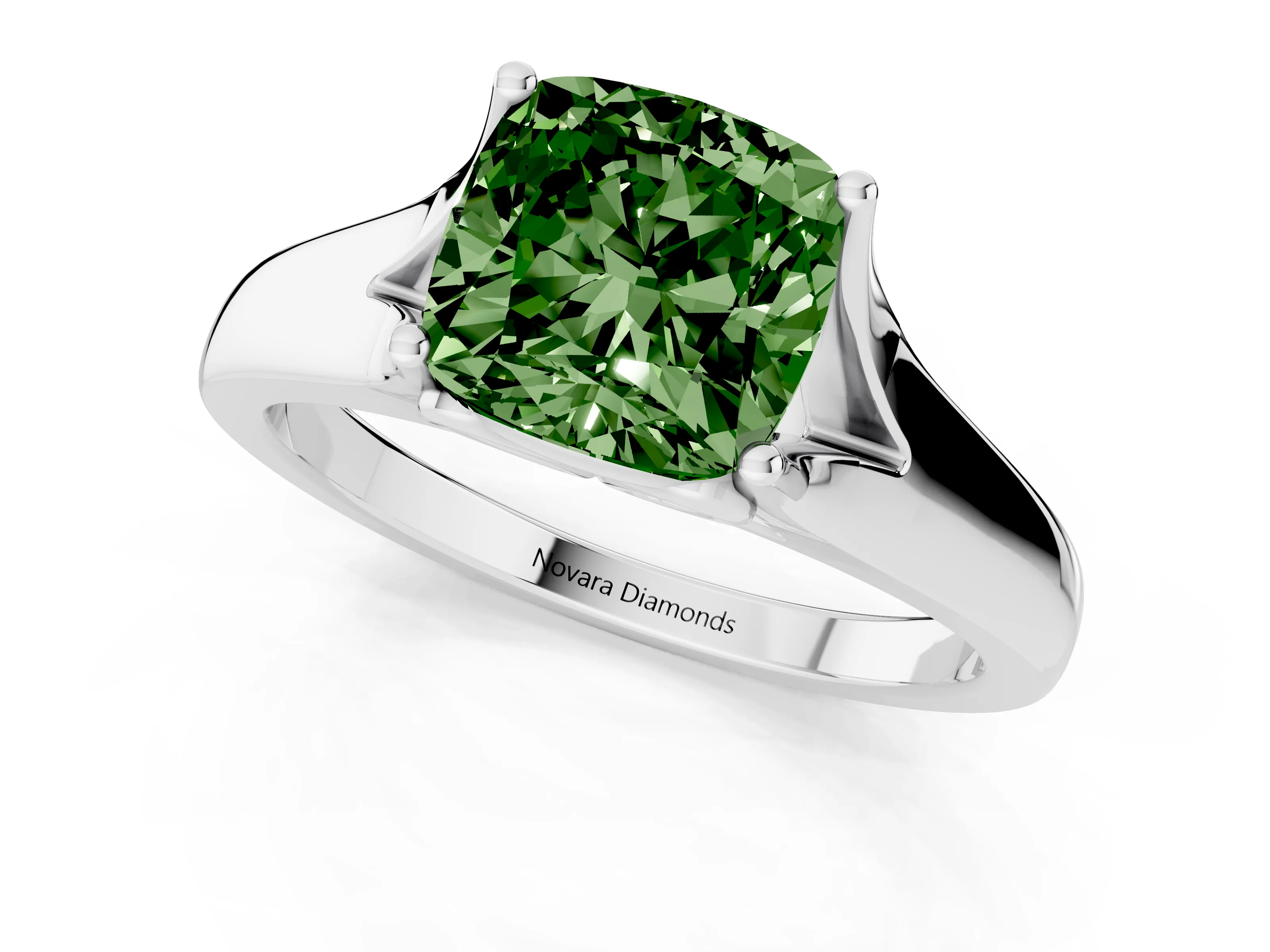 Fancy Green Cushion Cut Diamond Solitaire Ring Set in White gold with Arched Cathedral Band and Prong Setting