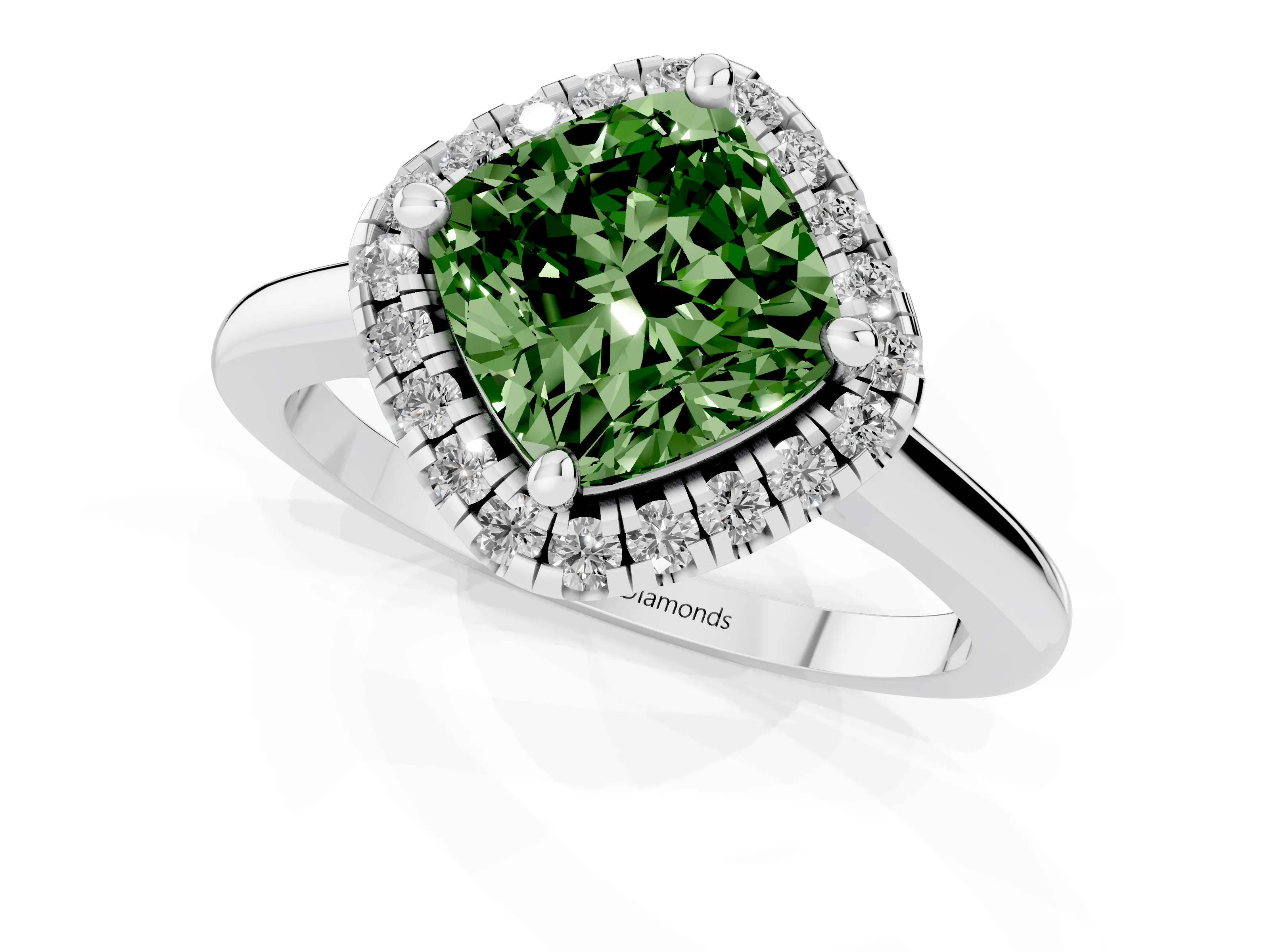 Fancy Green Cushion Cut Diamond Halo Engagement Ring Set in White gold with Pavé Band and Rising Shoulders – second view