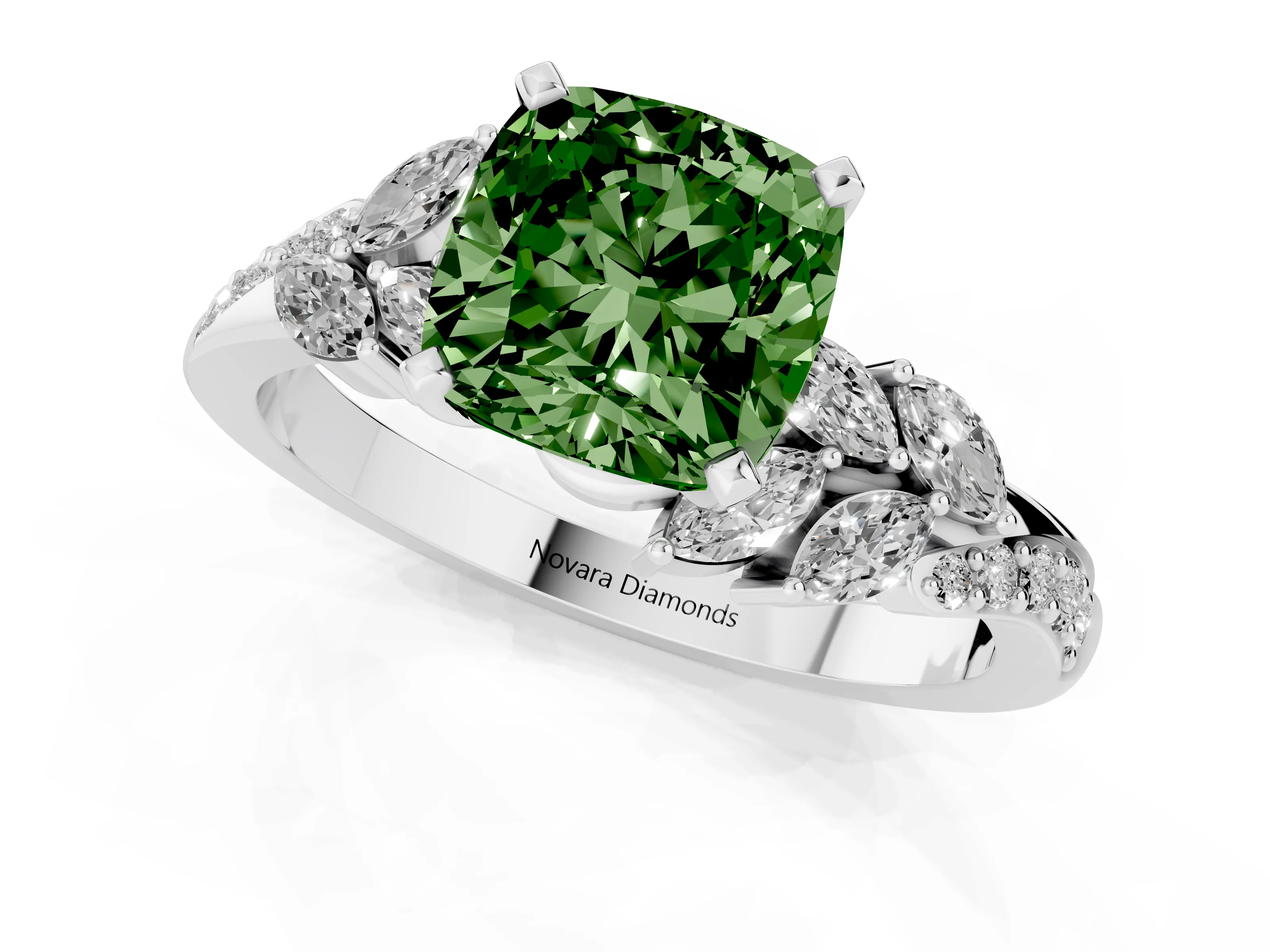 Fancy Green Cushion Cut Diamond Solitaire Ring Set in White gold with Marquise Twist Band and Prong Setting