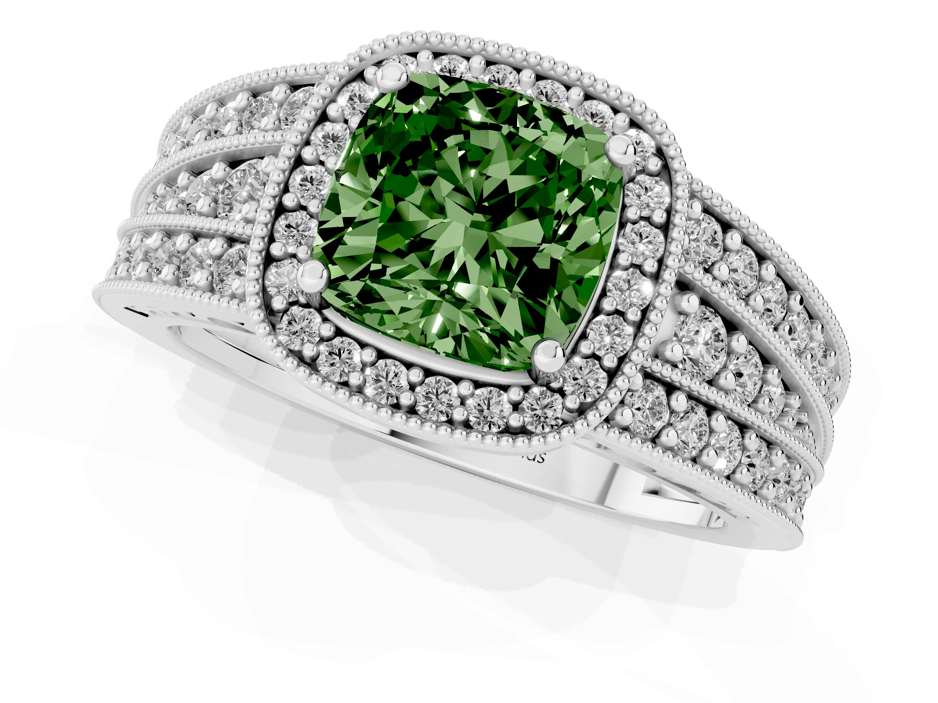 Fancy Green Cushion Cut Diamond Halo Ring Set in Platinum with Accent Split Shank and Prong Setting
