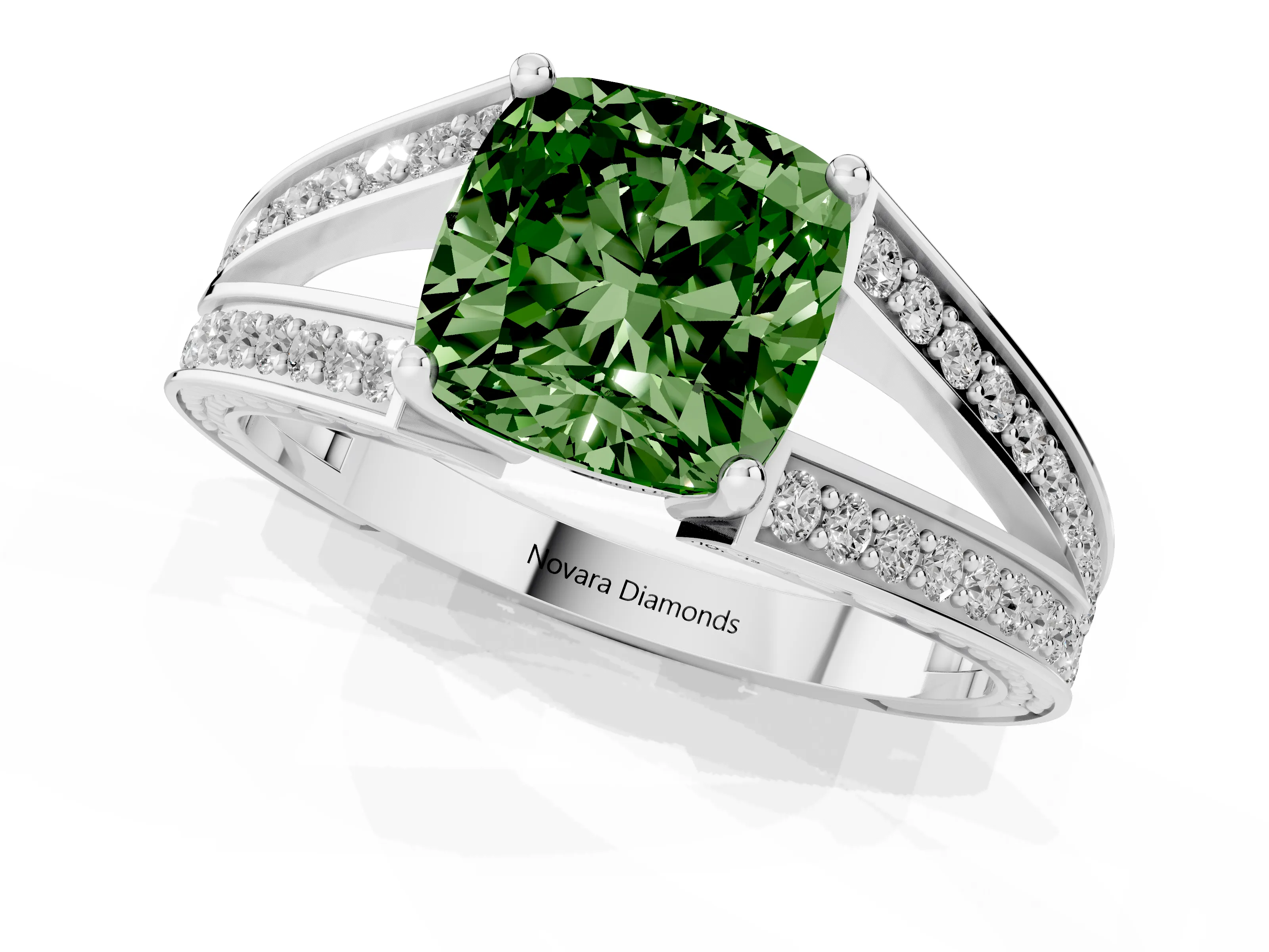 Fancy Green Cushion Cut Diamond Split Shank Ring Set in Platinum with Pavé Band and Prong Setting