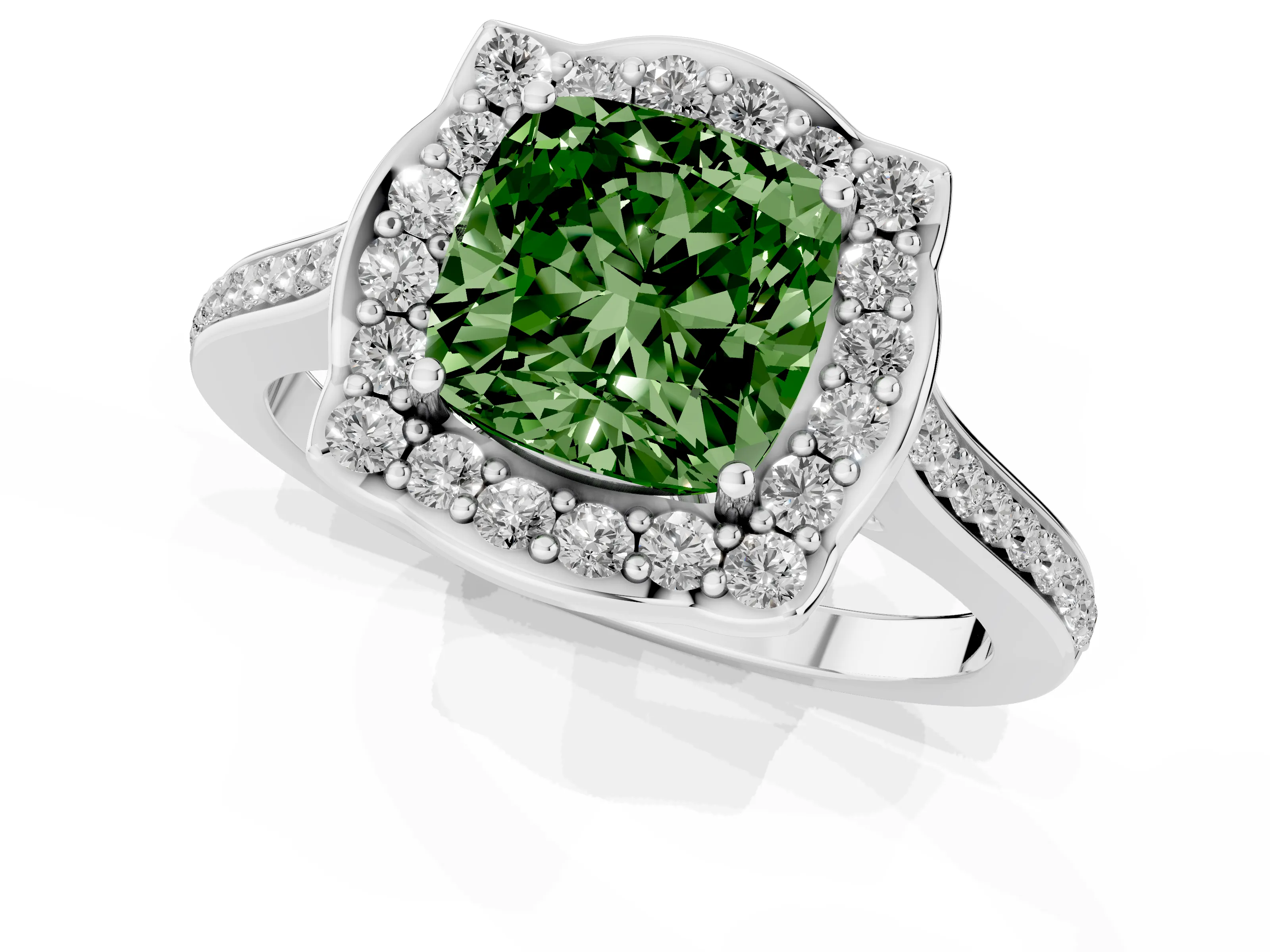 Fancy Green Cushion Cut Diamond Halo Ring Set in White gold with Pavé-Lined Shoulders and Prong Setting