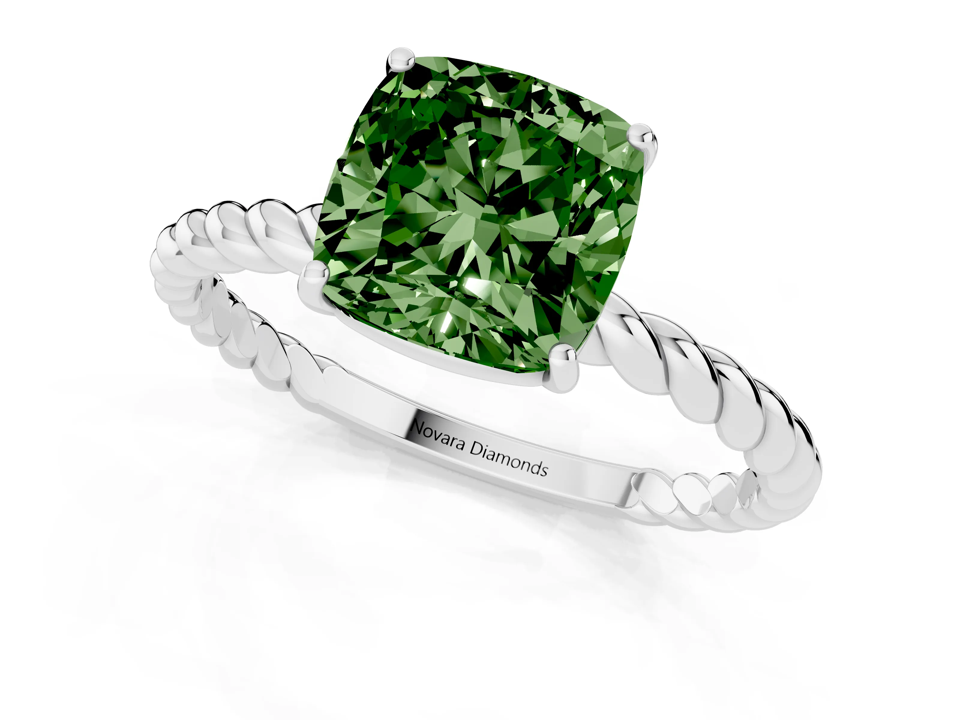 Fancy Green Cushion Cut Diamond Solitaire Ring Set in White gold with Twist Band and Prong Setting