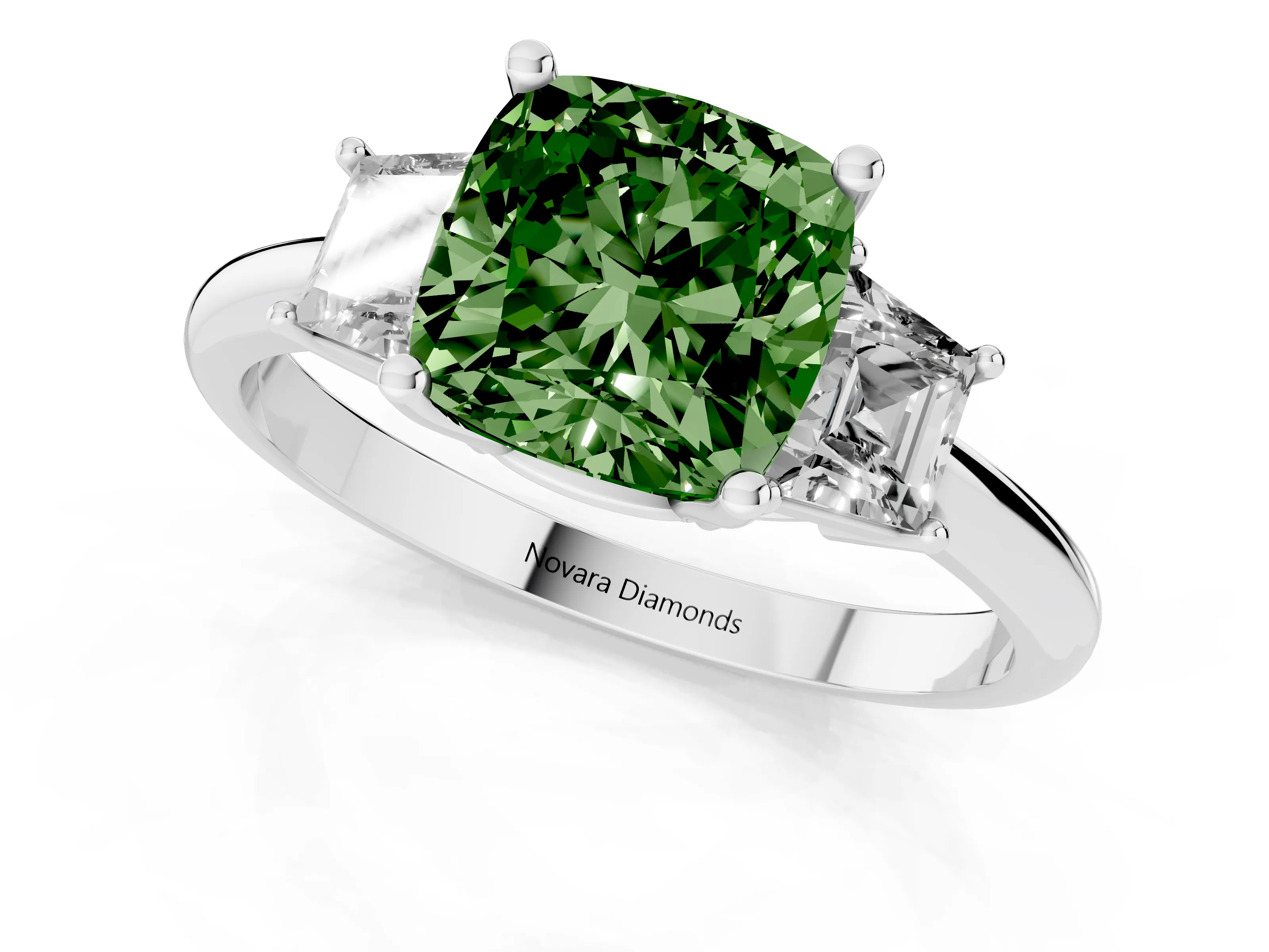 Fancy Green Cushion Cut Diamond Three-Stone Ring Set in Silver with Trapezoid Side Stones and Prong Setting
