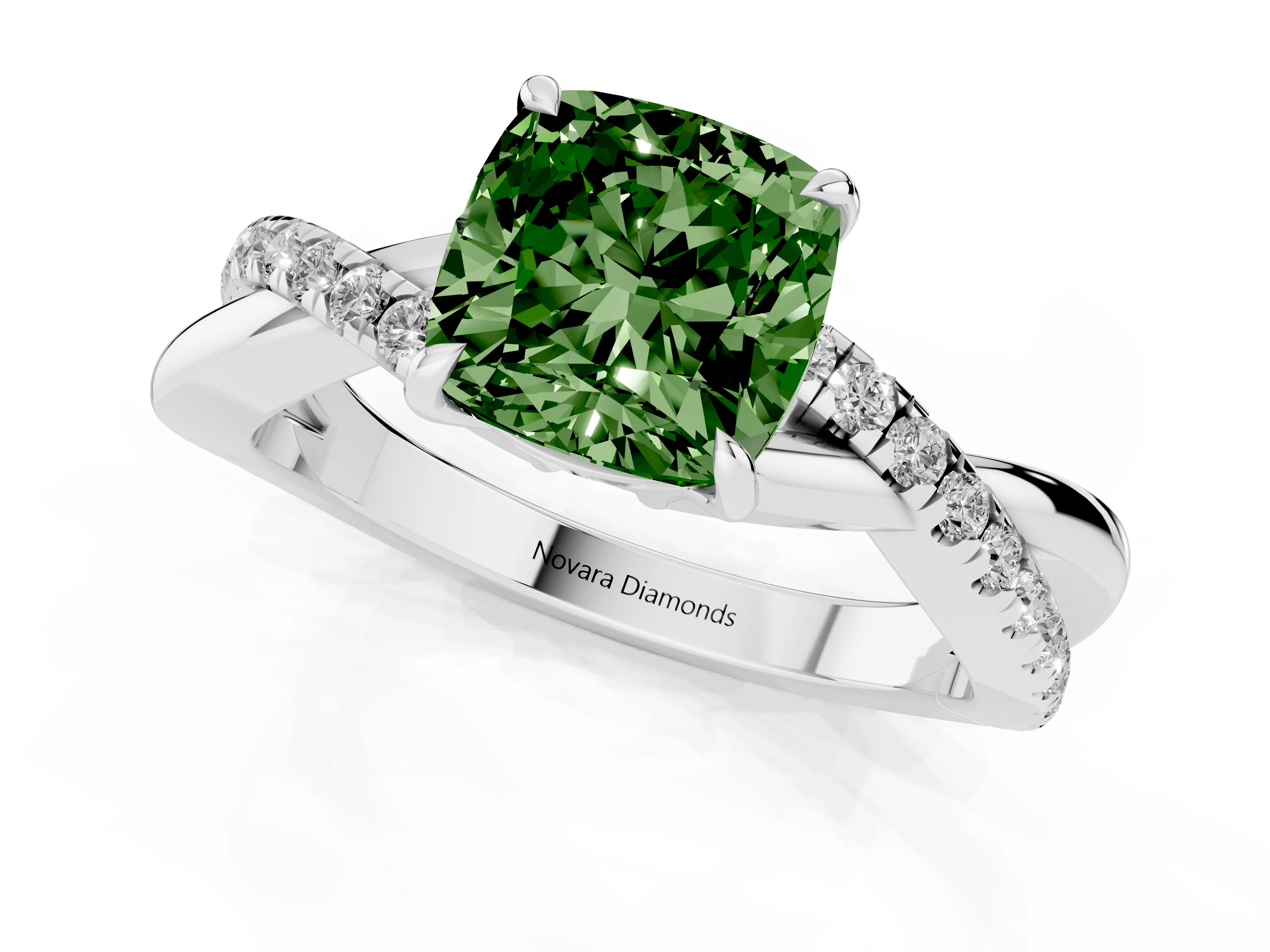 Fancy Green Cushion Cut Diamond Twisted Pavé Band Ring Set in White gold with Prong Setting