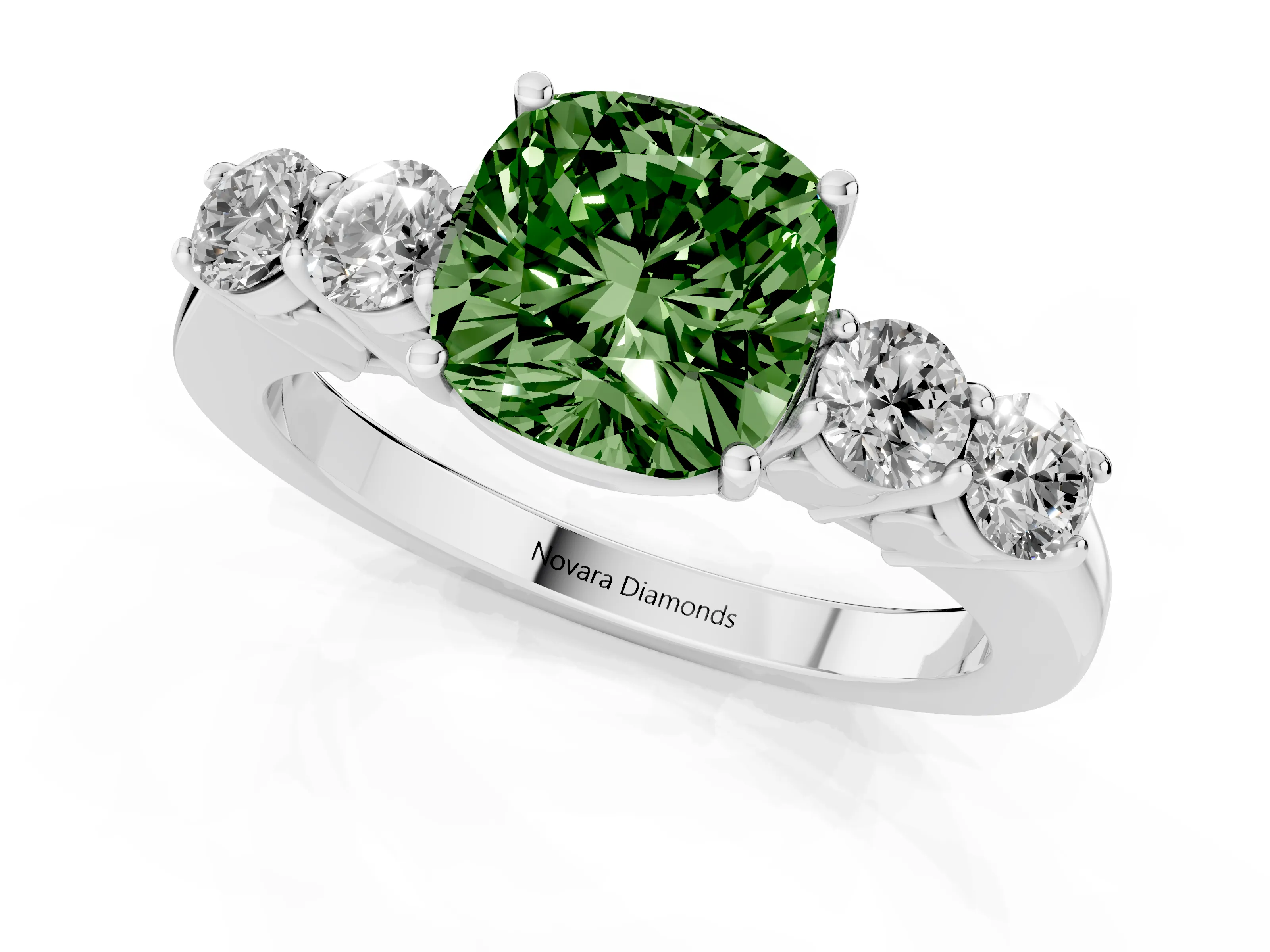 Fancy Green Cushion Cut Diamond Five-Stone Prong Set Band Ring Set in White gold with Polished Band