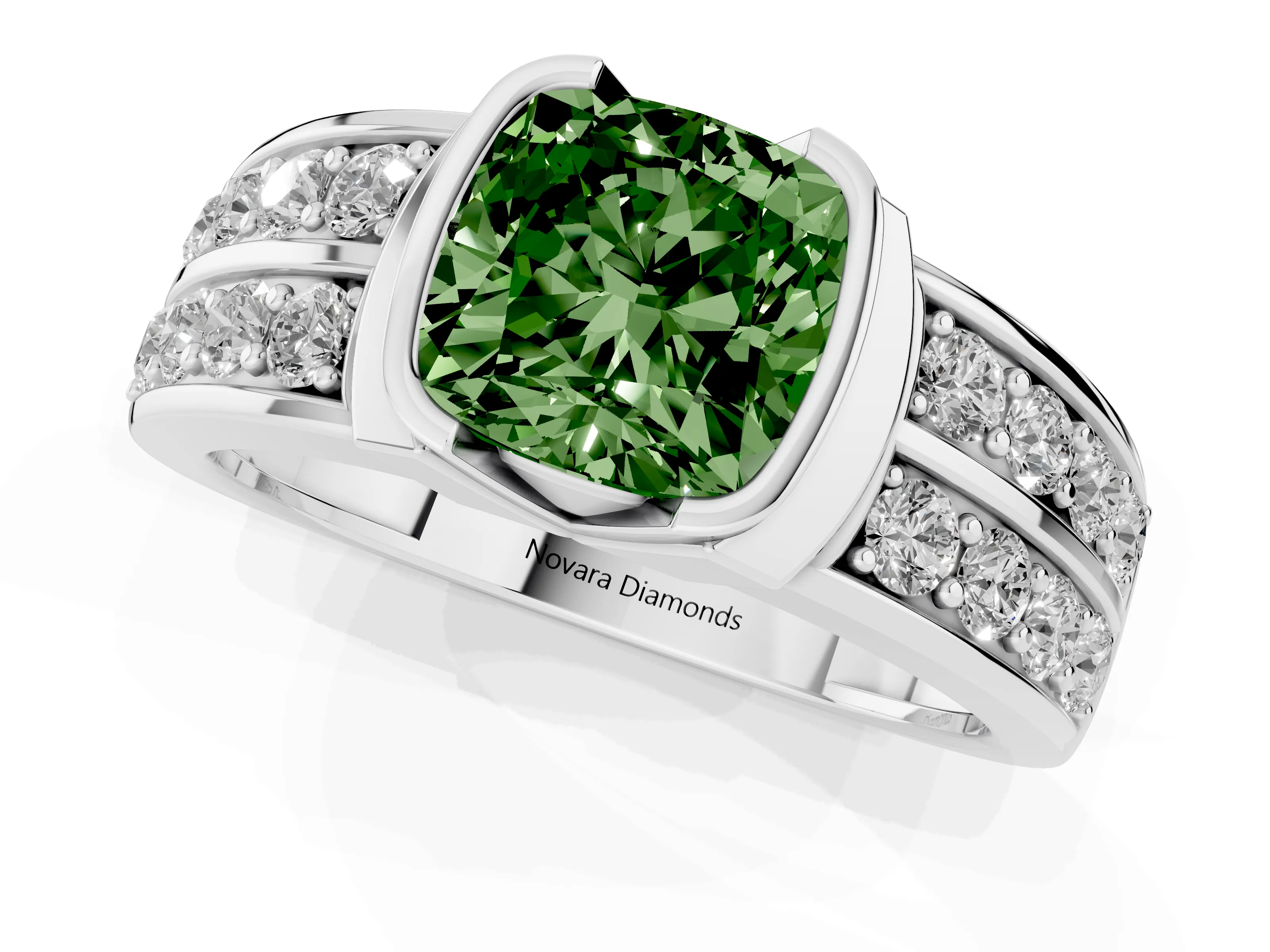 Fancy Green Cushion Cut Diamond Wide Channel Set Band Ring Set in Silver with Bezel Setting