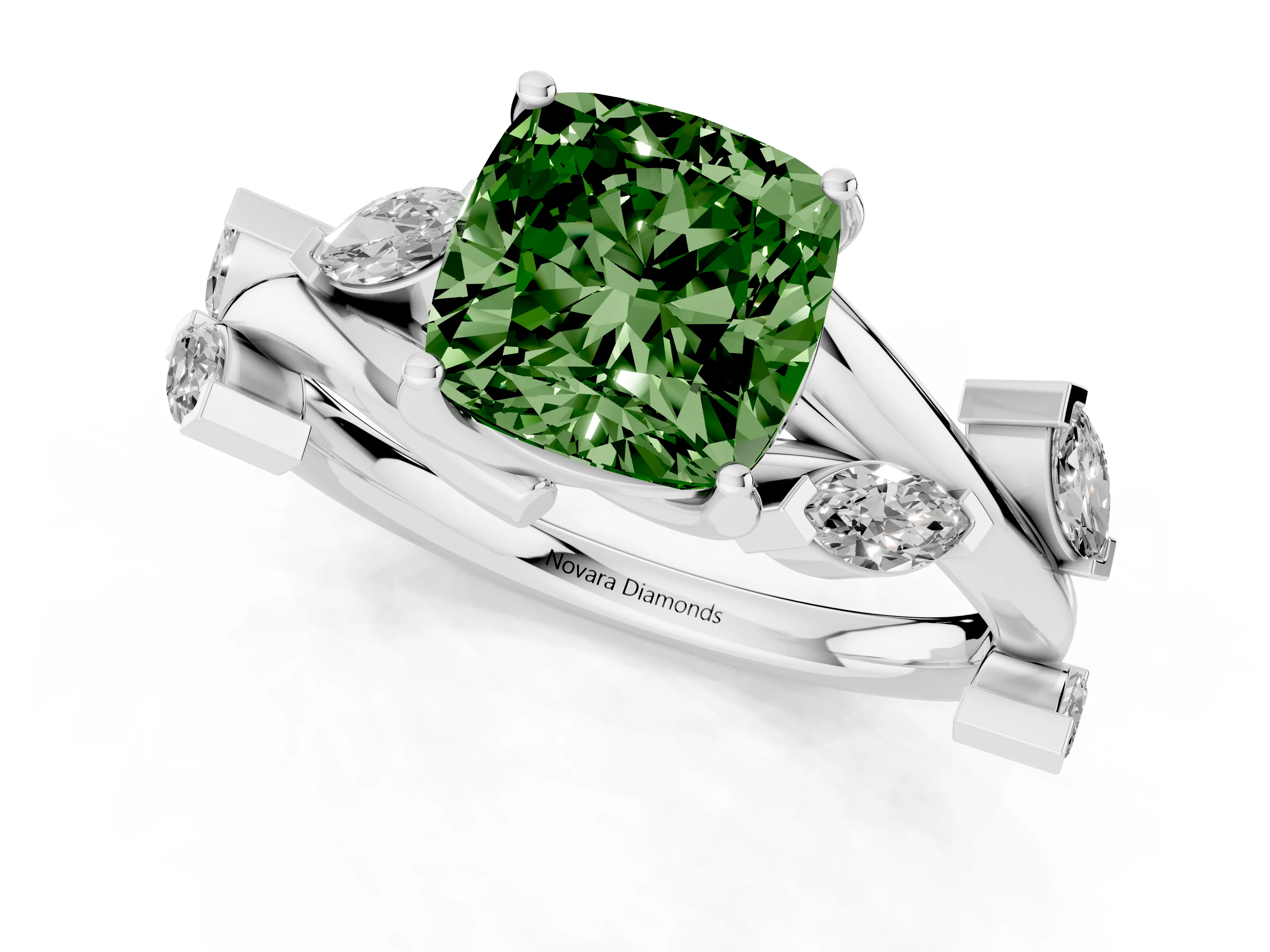 Fancy Green Cushion Cut Diamond Solitaire Ring Set in Silver with Twisted Marquise Accent Band