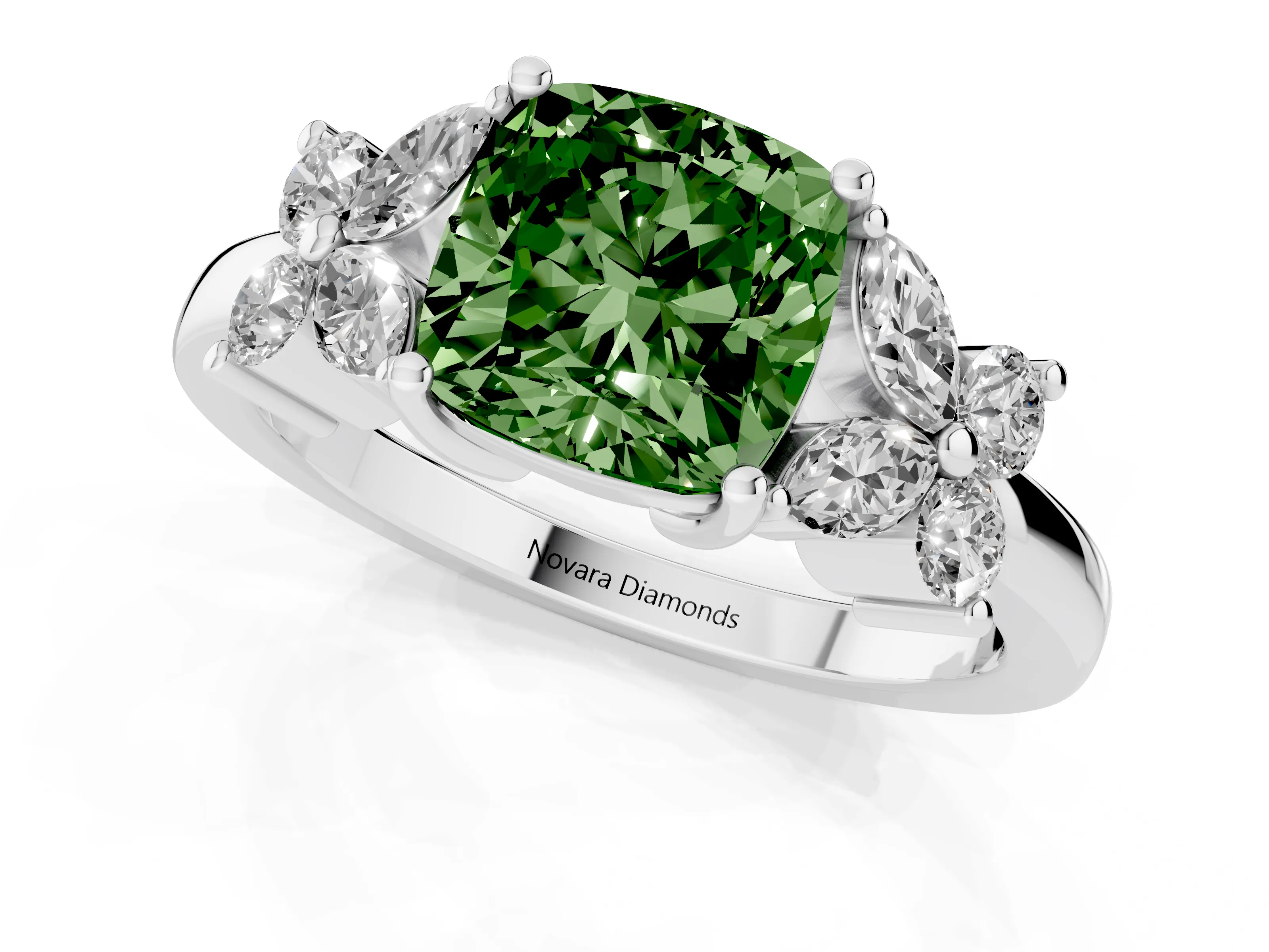 Fancy Green Cushion Cut Diamond Floral Cluster Ring Set in White gold with Marquise Petals and Prong Setting
