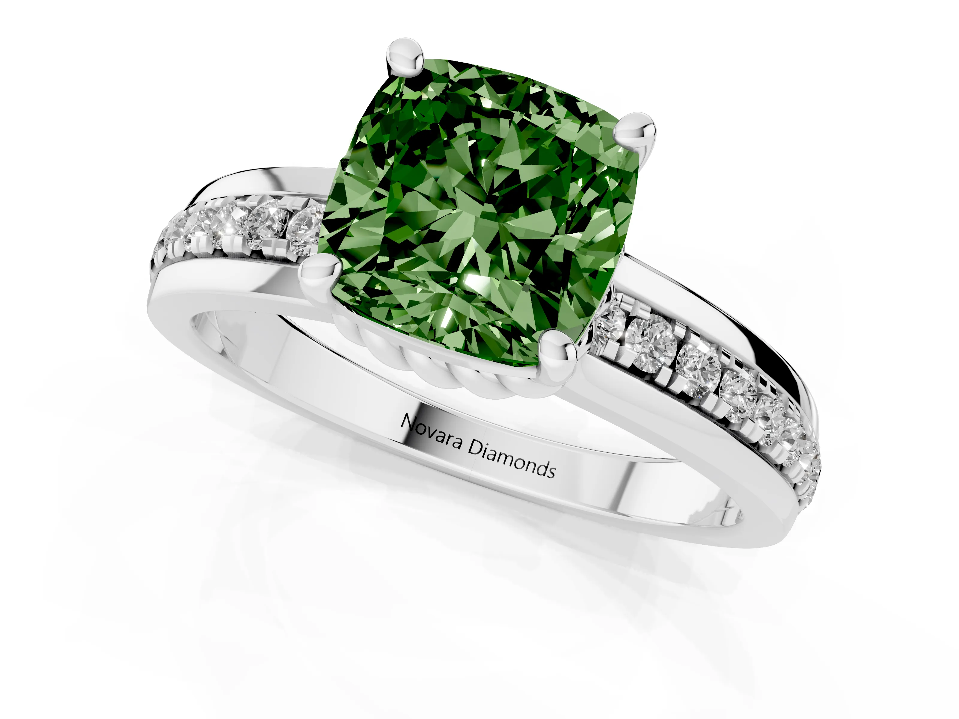 Fancy Green Cushion Cut Diamond Solitaire Ring Set in Silver with Channel Set Band and Prong Setting