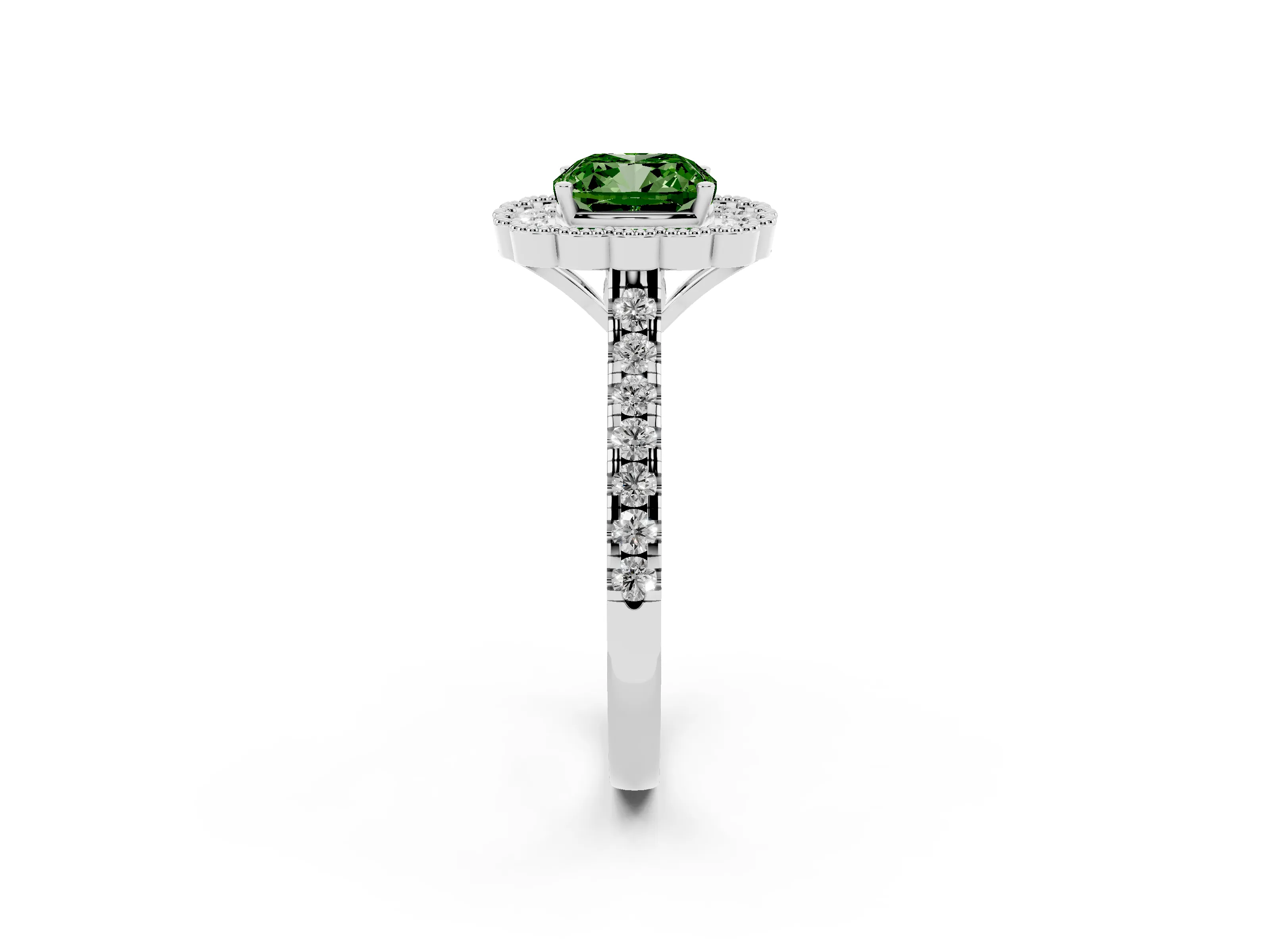 Fancy Green Cushion Cut Diamond Milgrain Floral Halo Engagement Ring Set in White gold with Pavé Band