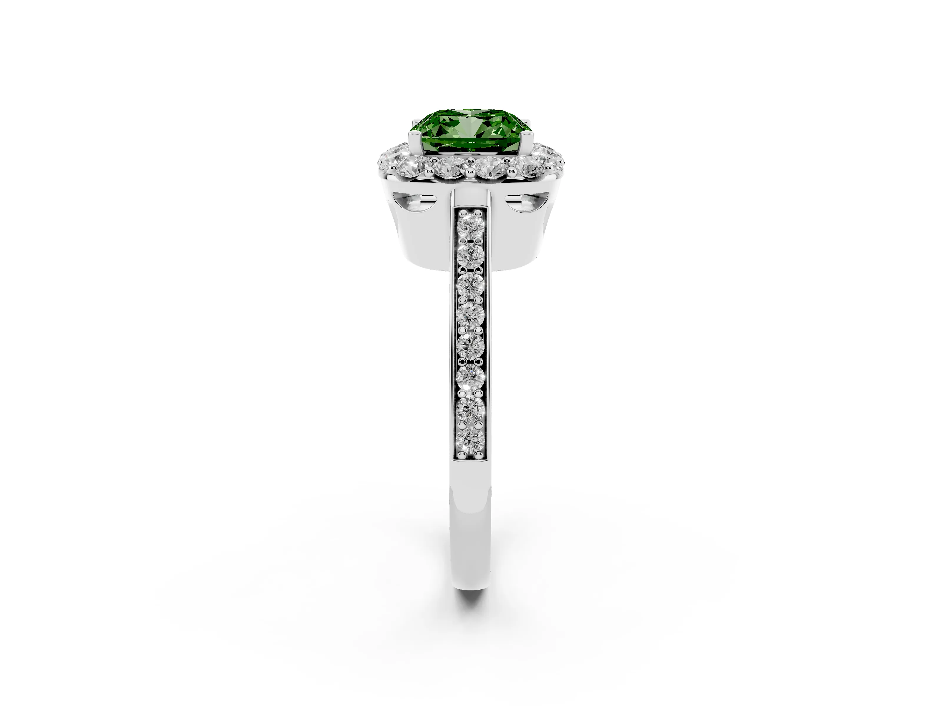 Fancy Green Cushion Cut Diamond Floral Halo Ring Set in Silver with Pavé Band and Prong Setting