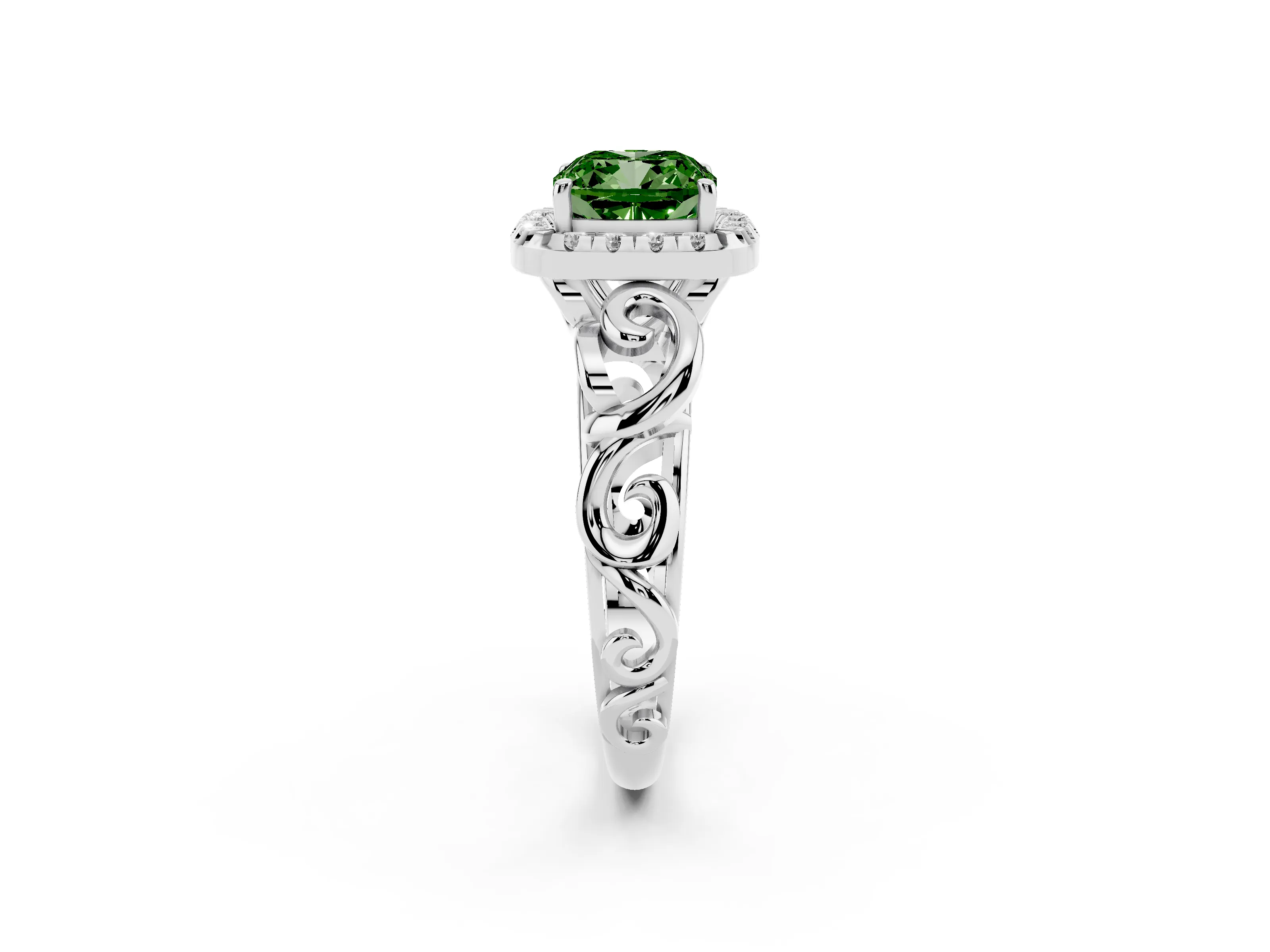Fancy Green Cushion Cut Diamond Halo Ring Set in Platinum with Scrollwork Band and Prong Setting