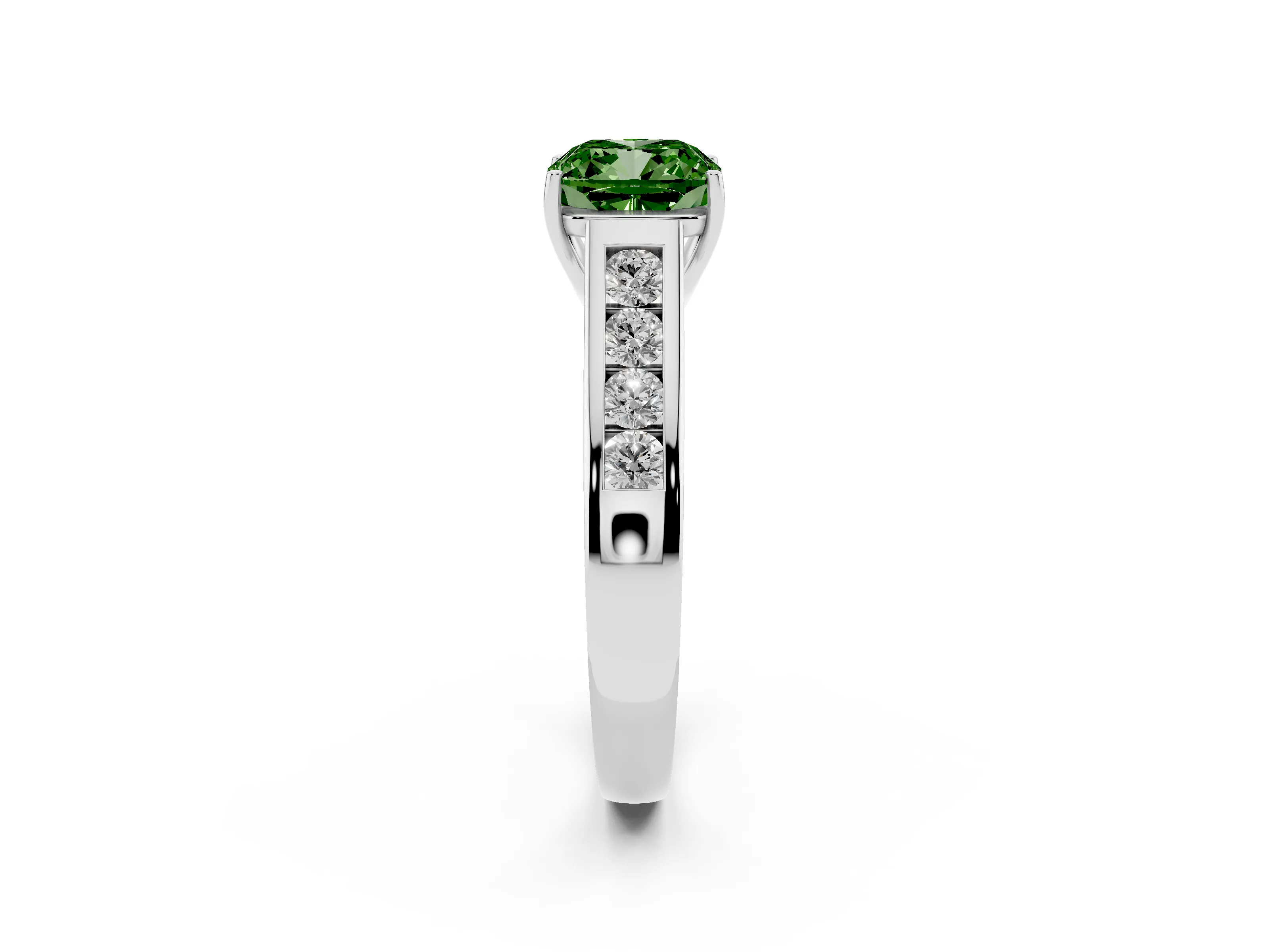 Fancy Green Cushion Cut Diamond Brilliant Channel-Set Solitaire Ring Set in Silver with Prong Setting