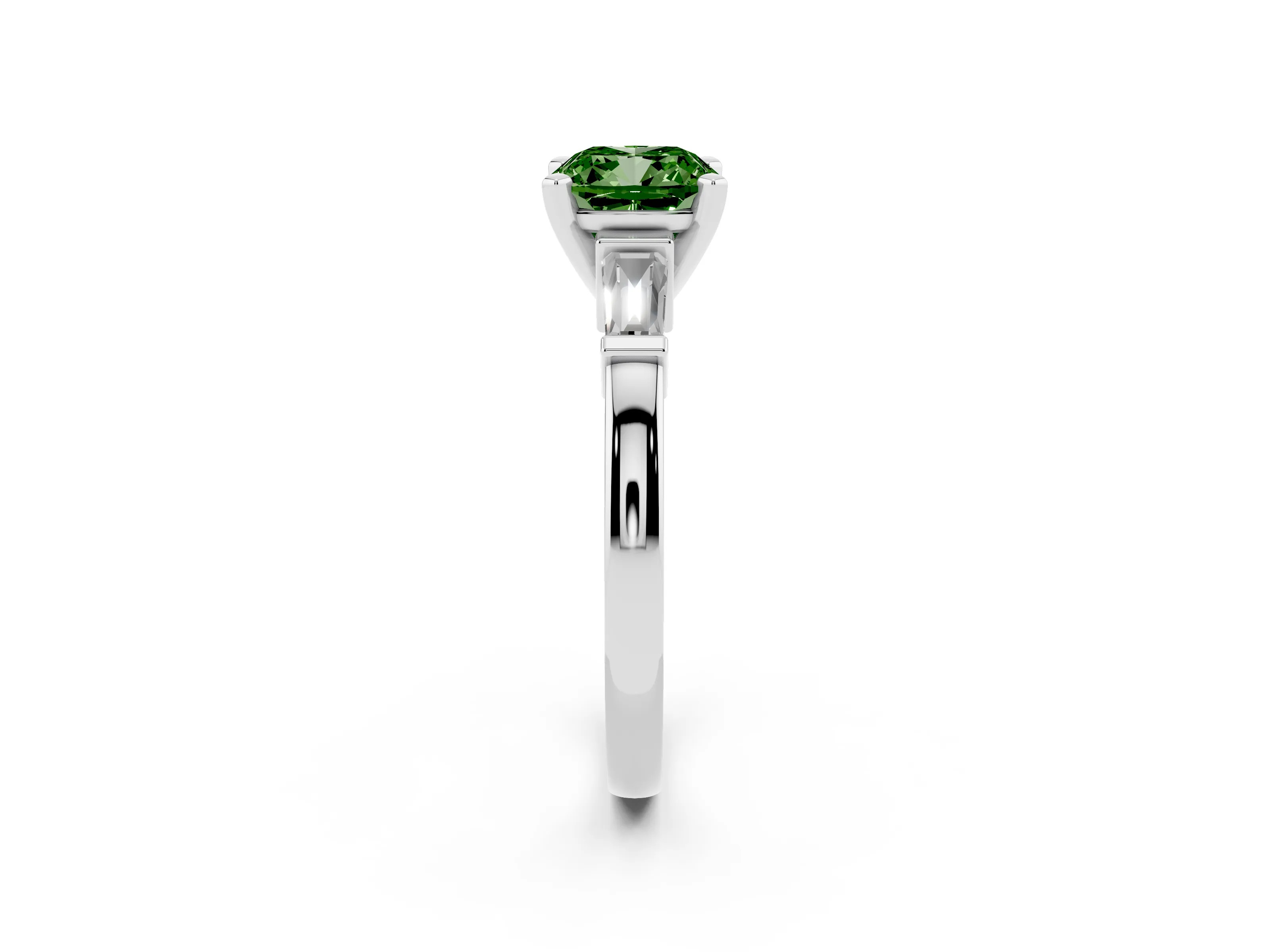 Fancy Green Cushion Cut Diamond Solitaire Ring Set in White gold with Tapered Baguette Accents and Prong Setting