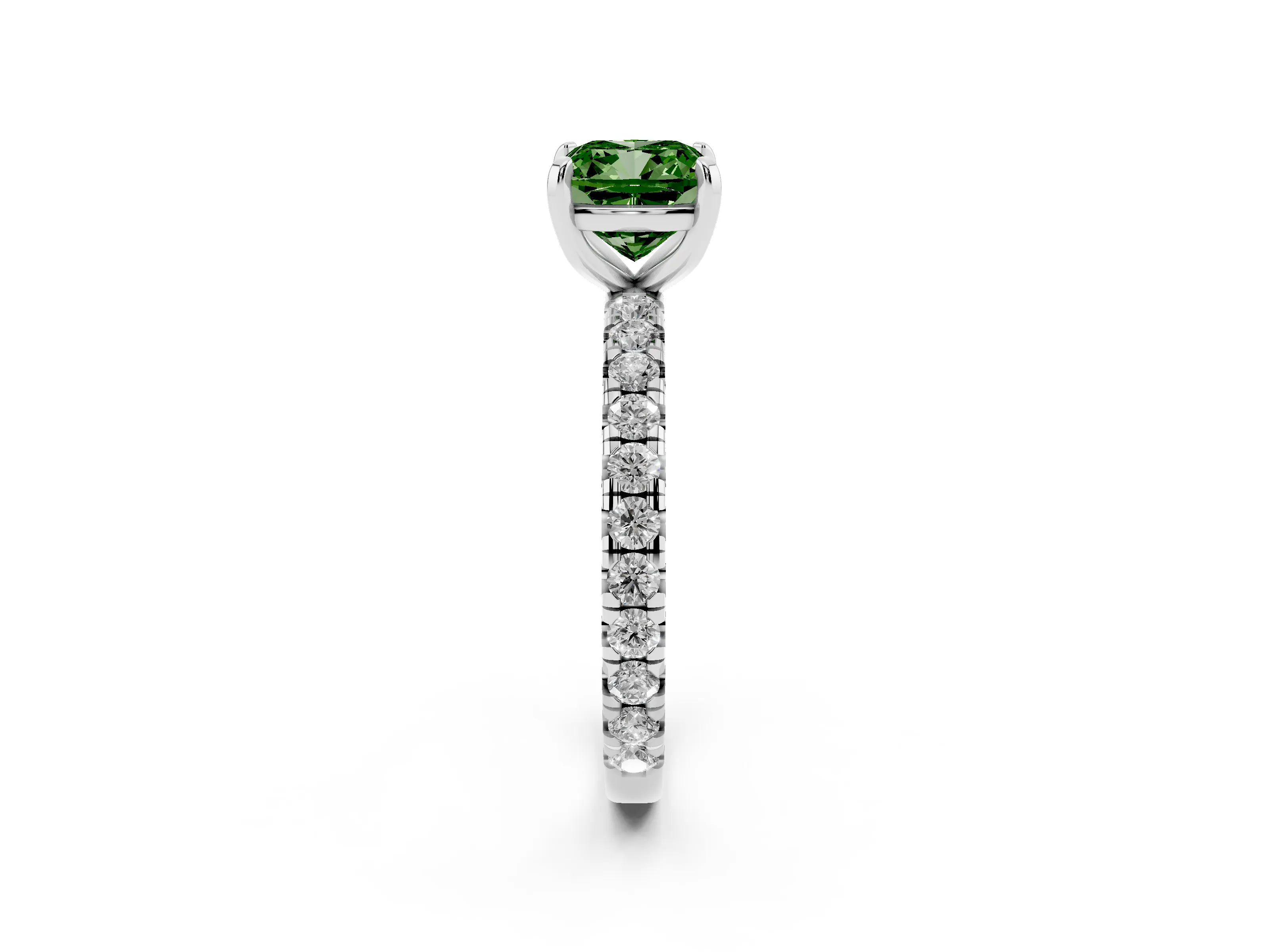 Fancy Green Cushion Cut Diamond Pavé Solitaire Ring Set in White gold with Round Band and Prong Setting