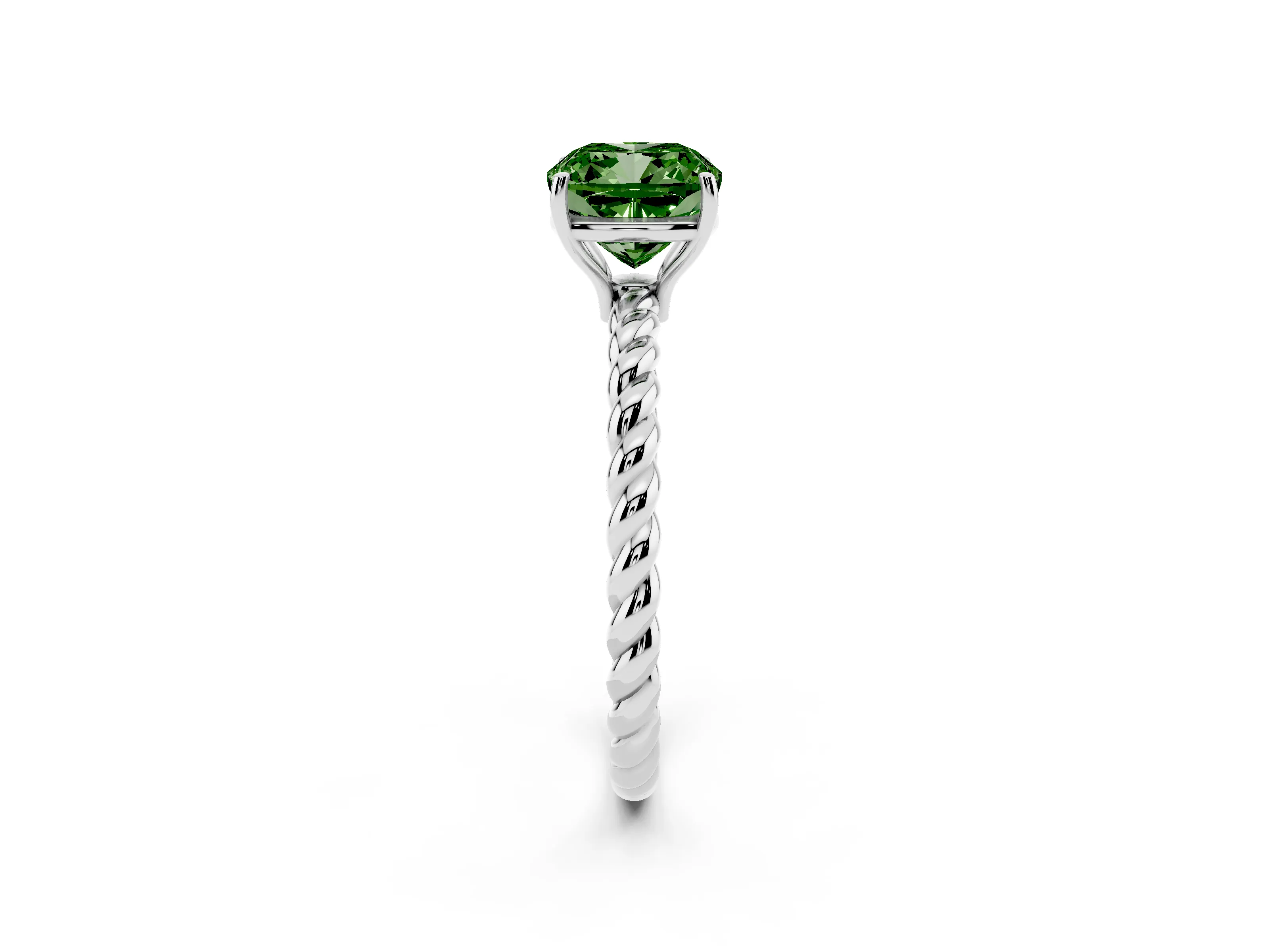 Fancy Green Cushion Cut Diamond Solitaire Ring Set in White gold with Twist Band and Prong Setting