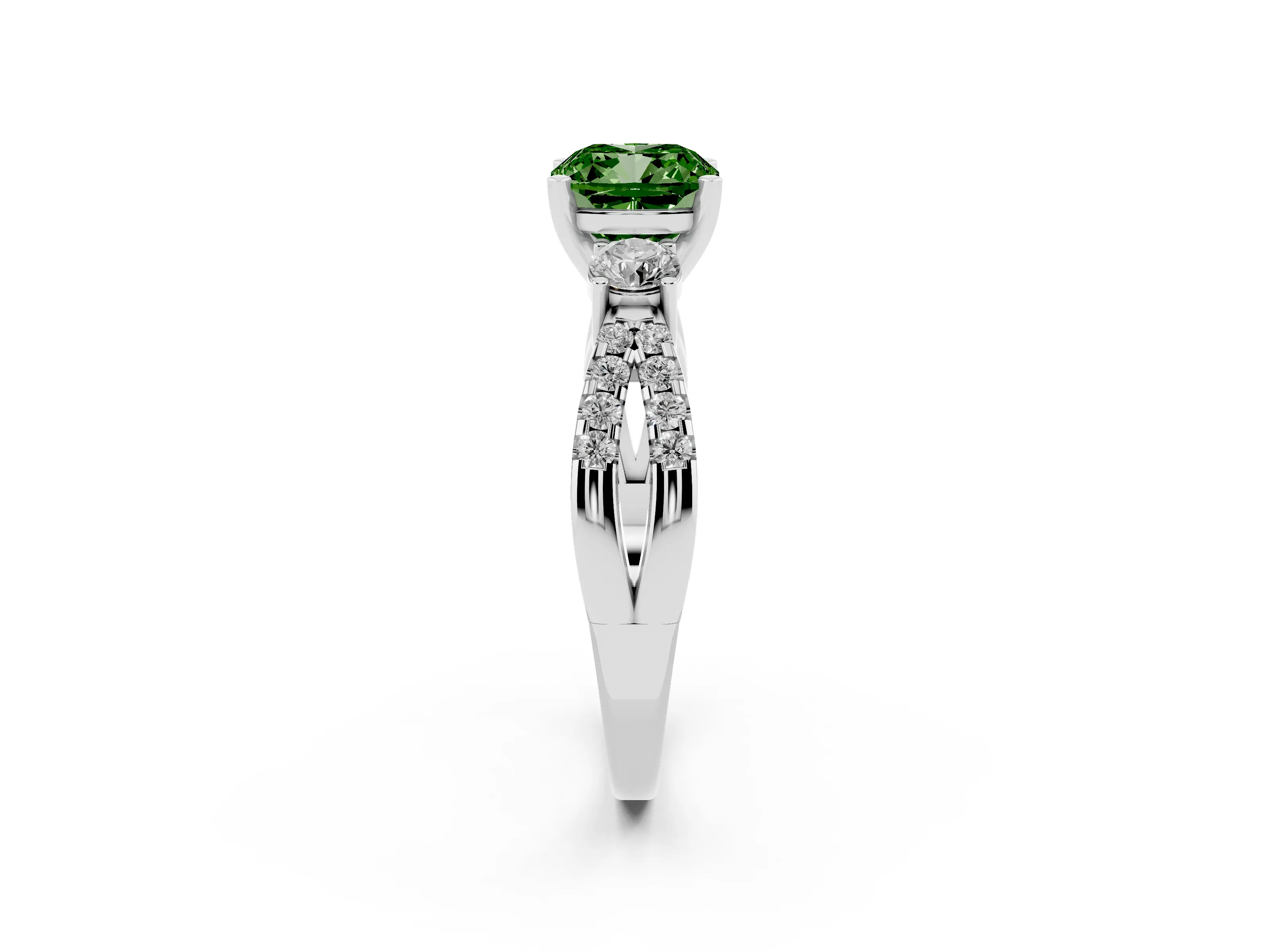 Fancy Green Cushion Cut Diamond Three-Stone Ring Set in Platinum with Pavé Split Shank and Prong Setting
