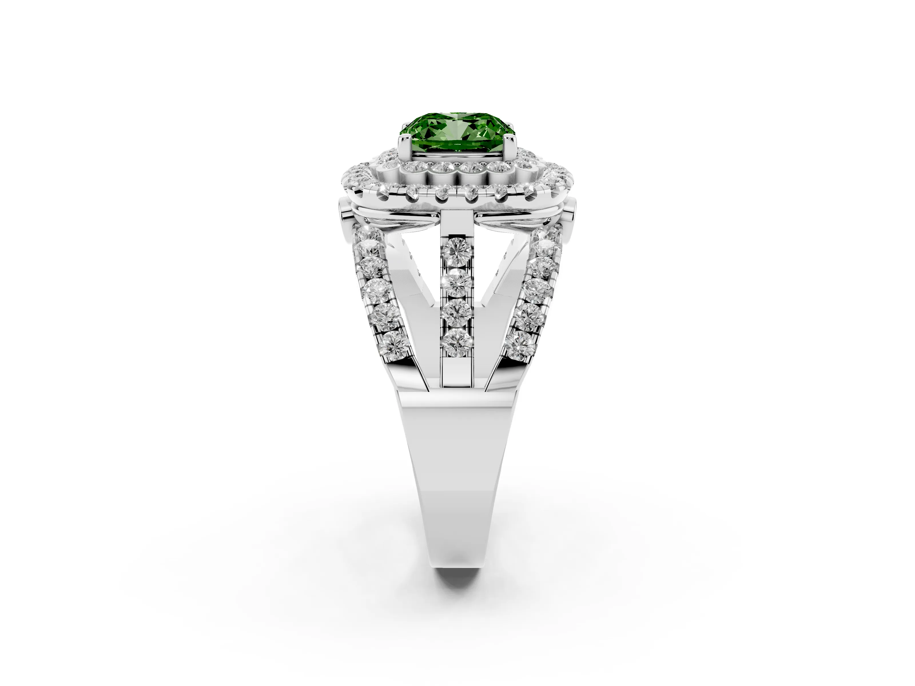 Fancy Green Cushion Cut Diamond Double Halo Ring Set in Platinum with Round Pavé Split Shank