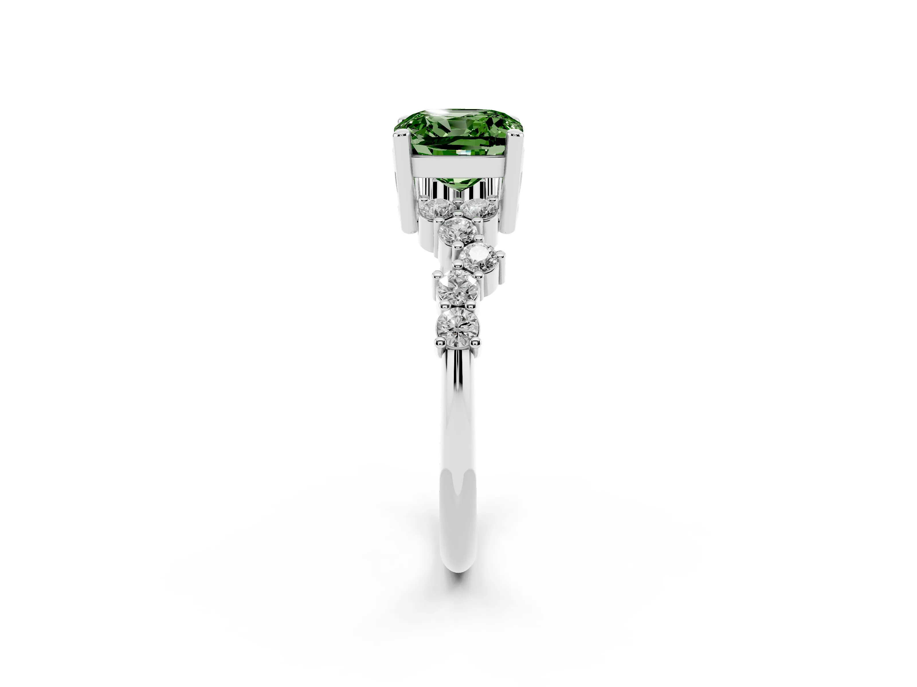 Fancy Green Cushion Cut Diamond Ring Set in White gold with Scattered Round Accents