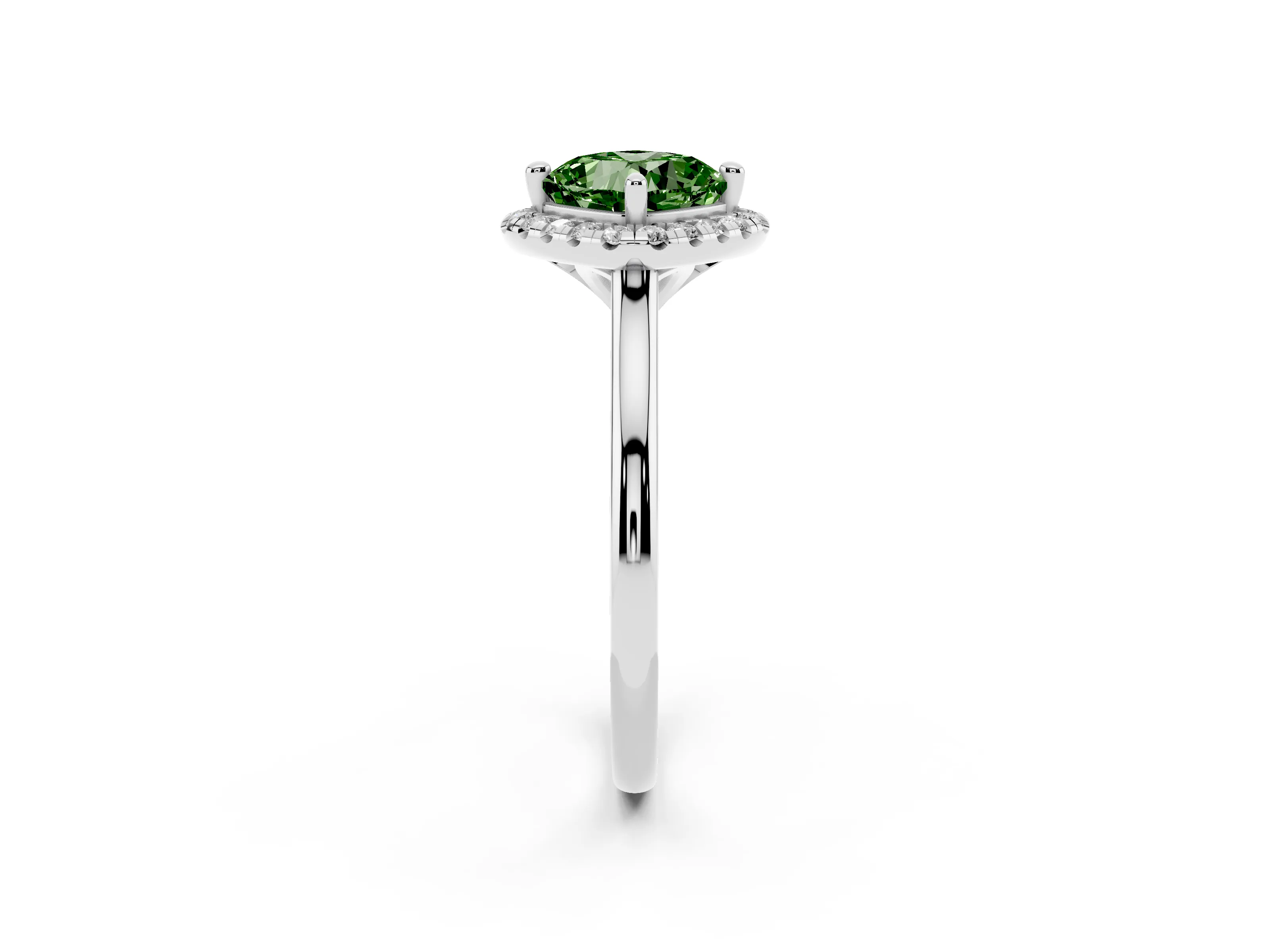 Fancy Green Cushion Cut Diamond Halo Engagement Ring Set in White gold with Pavé Band and Rising Shoulders
