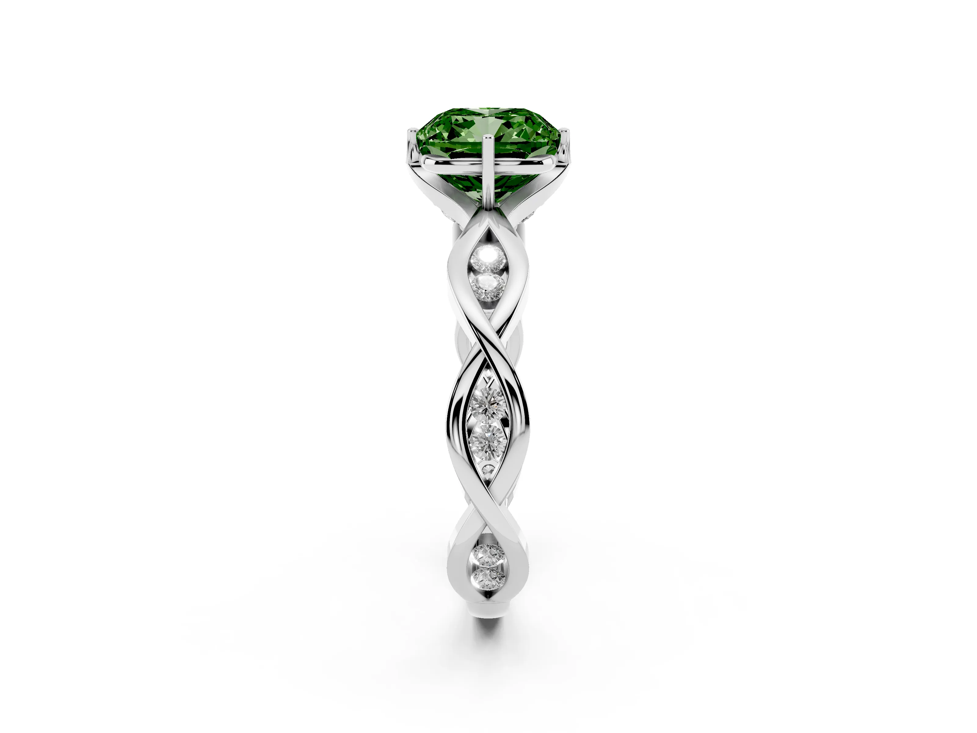 Fancy Green Cushion Cut Diamond Twist Band Solitaire Ring Set in Silver with Leaf Prong Setting and Accent Stones