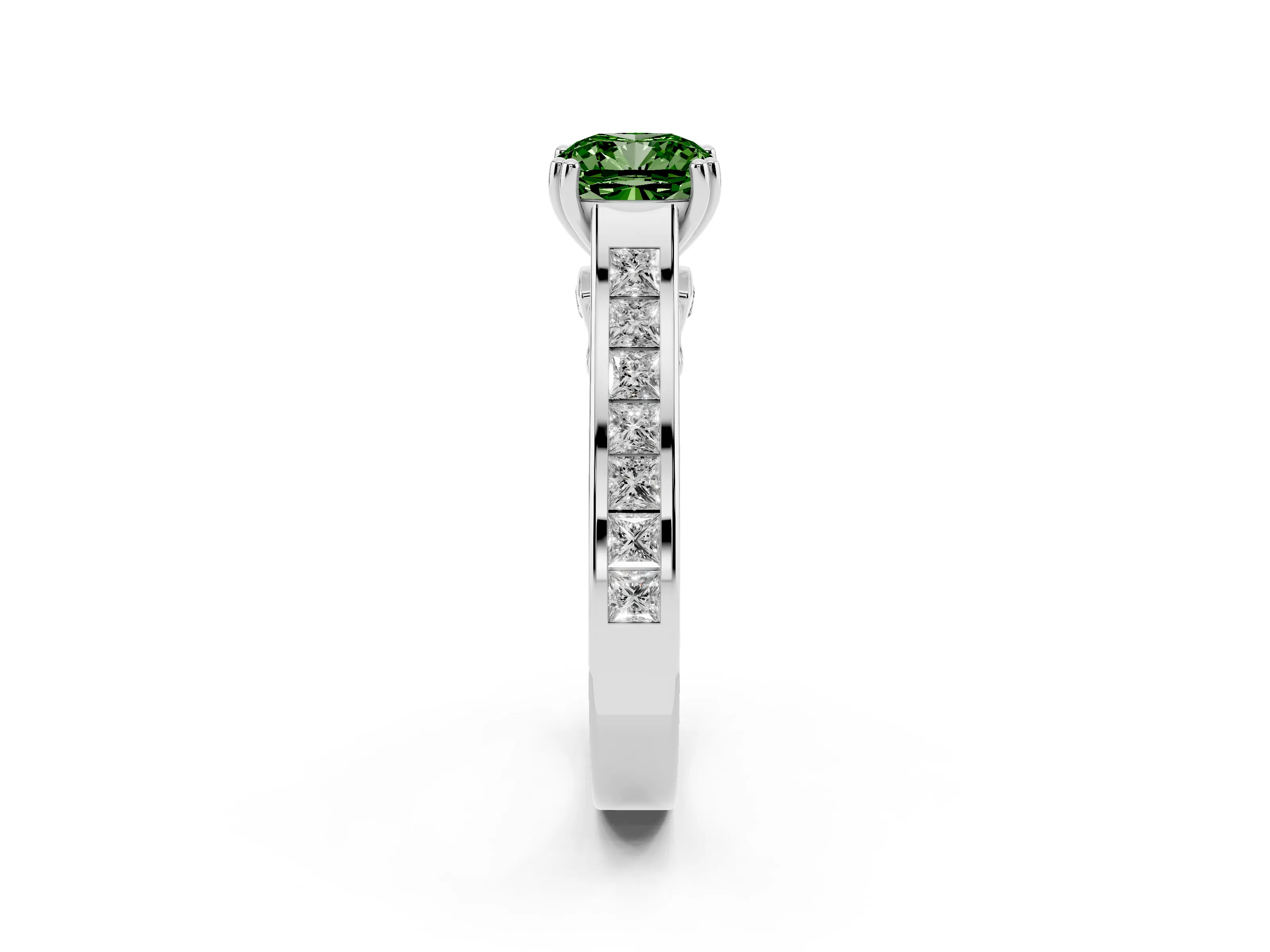 Fancy Green Cushion Cut Diamond Channel Set Solitaire Engagement Ring Set in Silver with Prong Setting