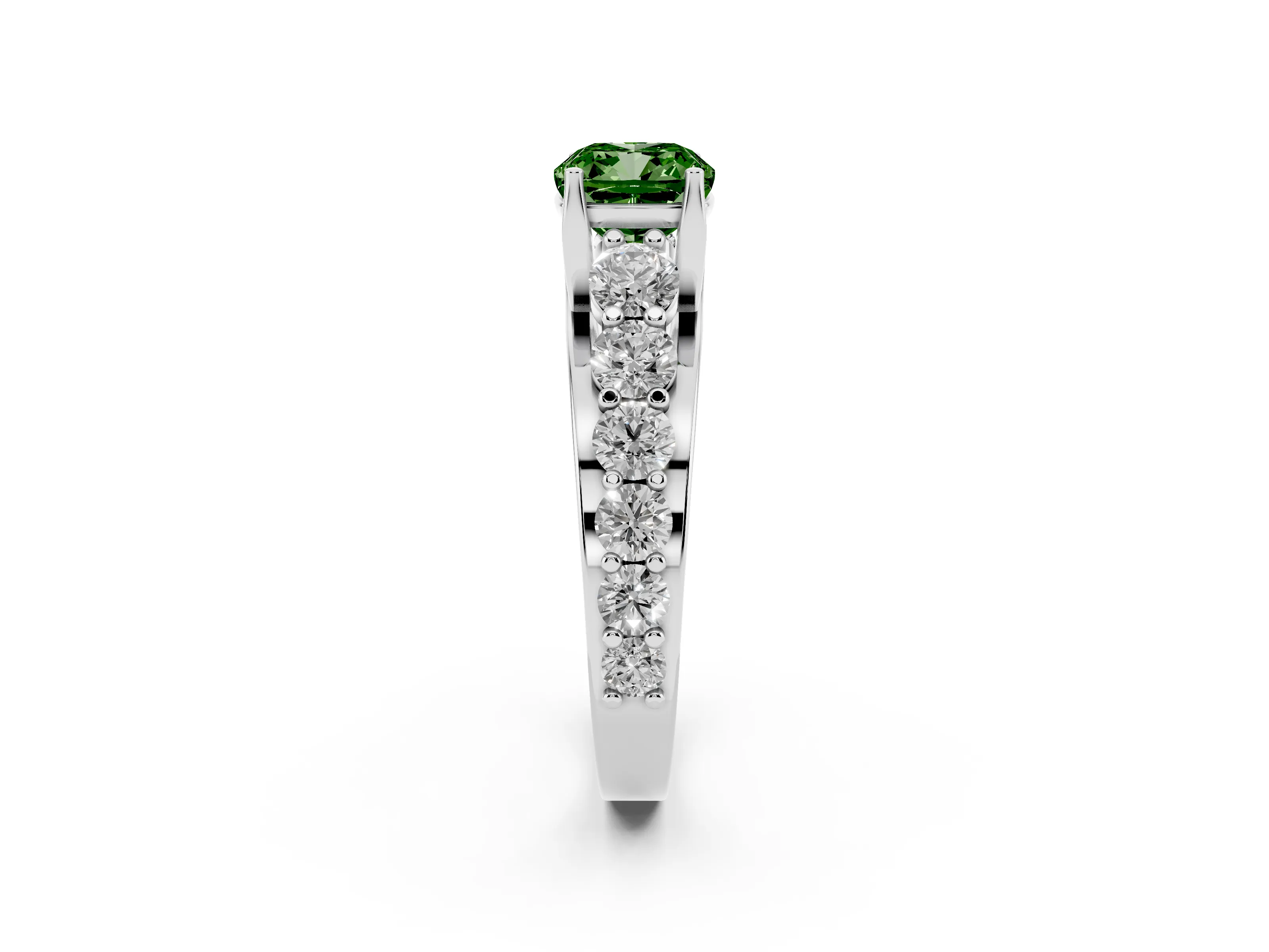 Fancy Green Cushion Cut Diamond Pavé Engagement Ring Set in Platinum with Prong Setting