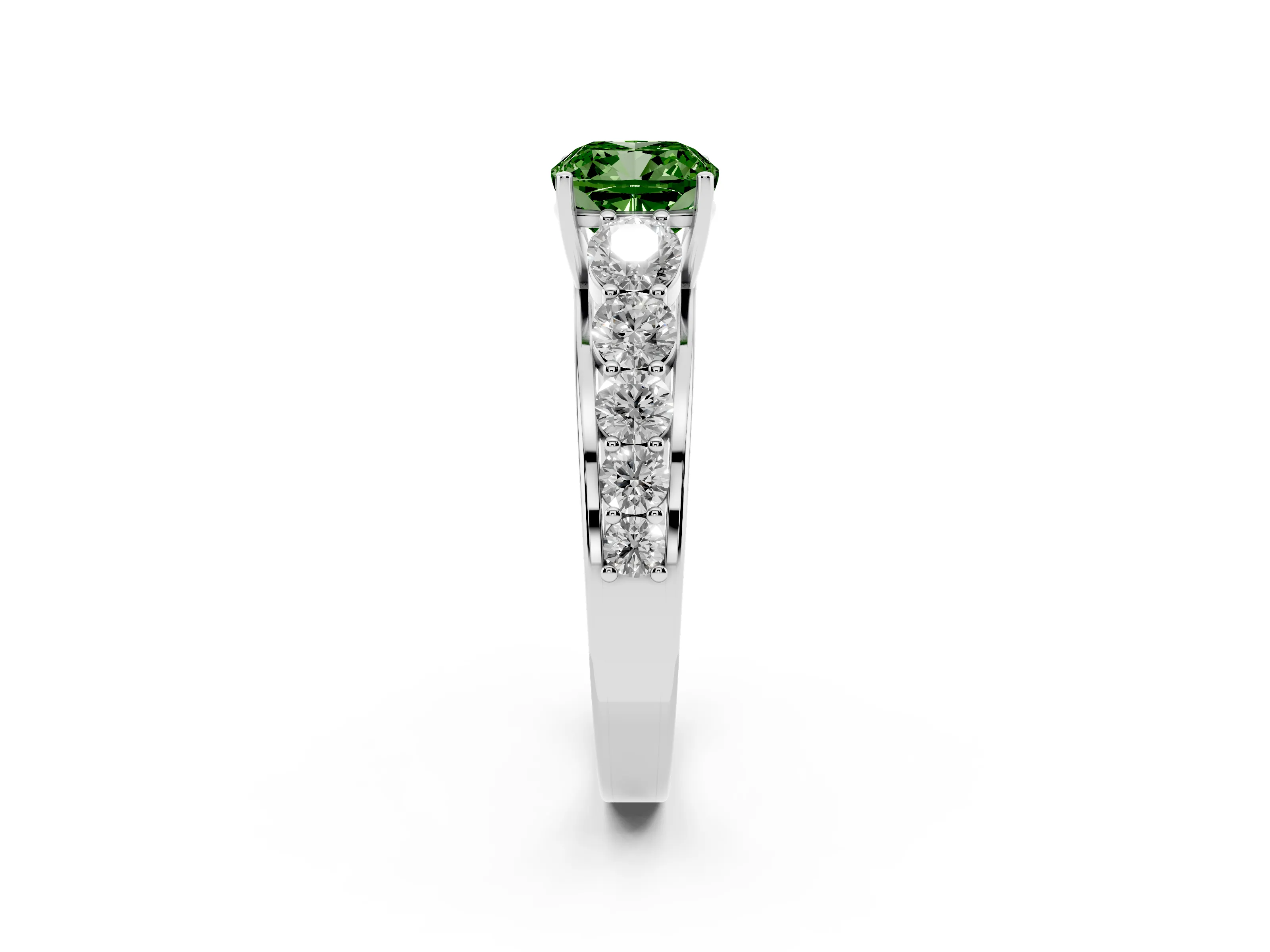 Fancy Green Cushion Cut Diamond Solitaire Ring Set in Silver with Pavé-Set Band and Prong Setting