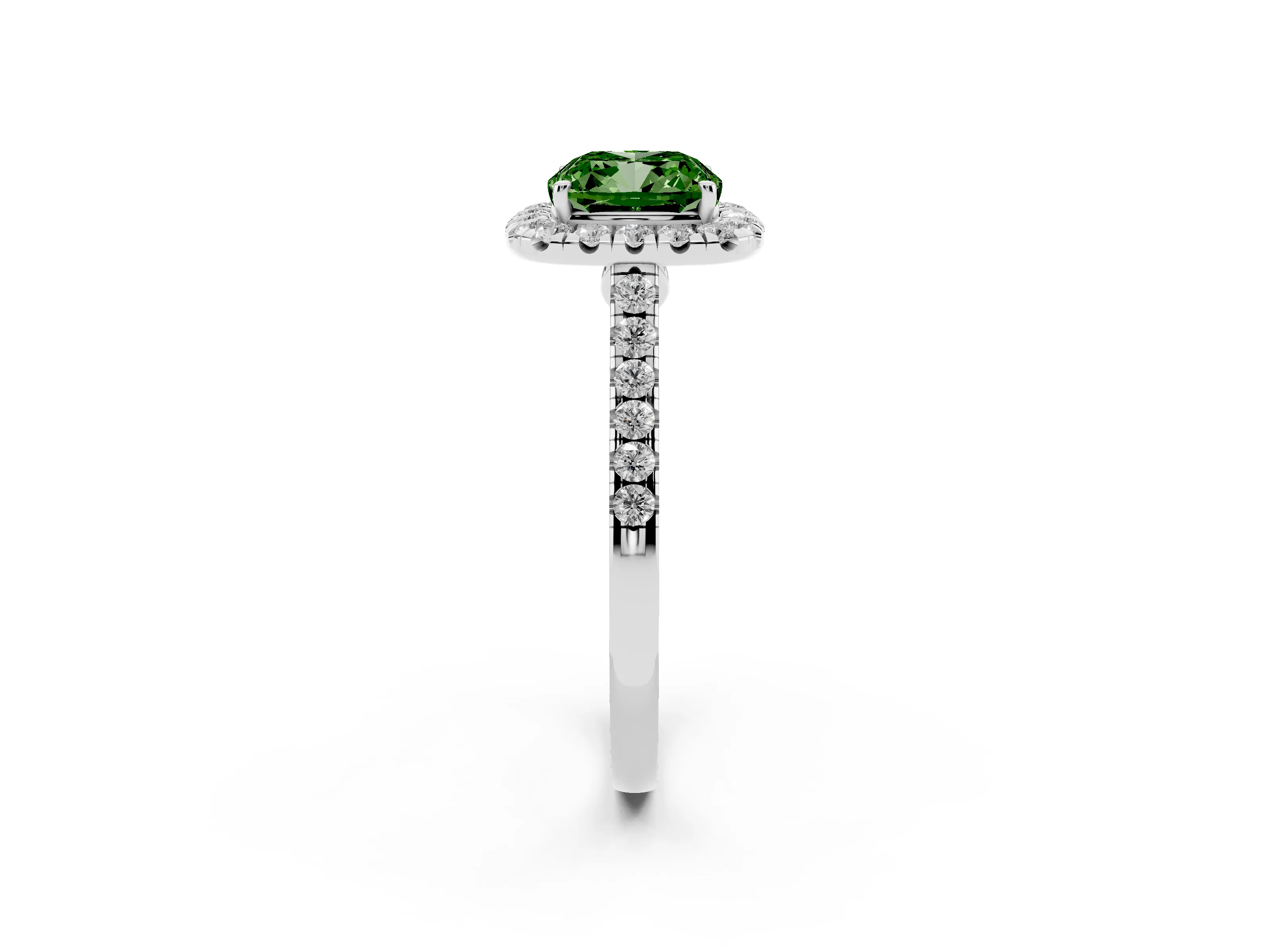 Fancy Green Cushion Cut Diamond Halo Pavé Engagement Ring Set in White gold with Prong Setting