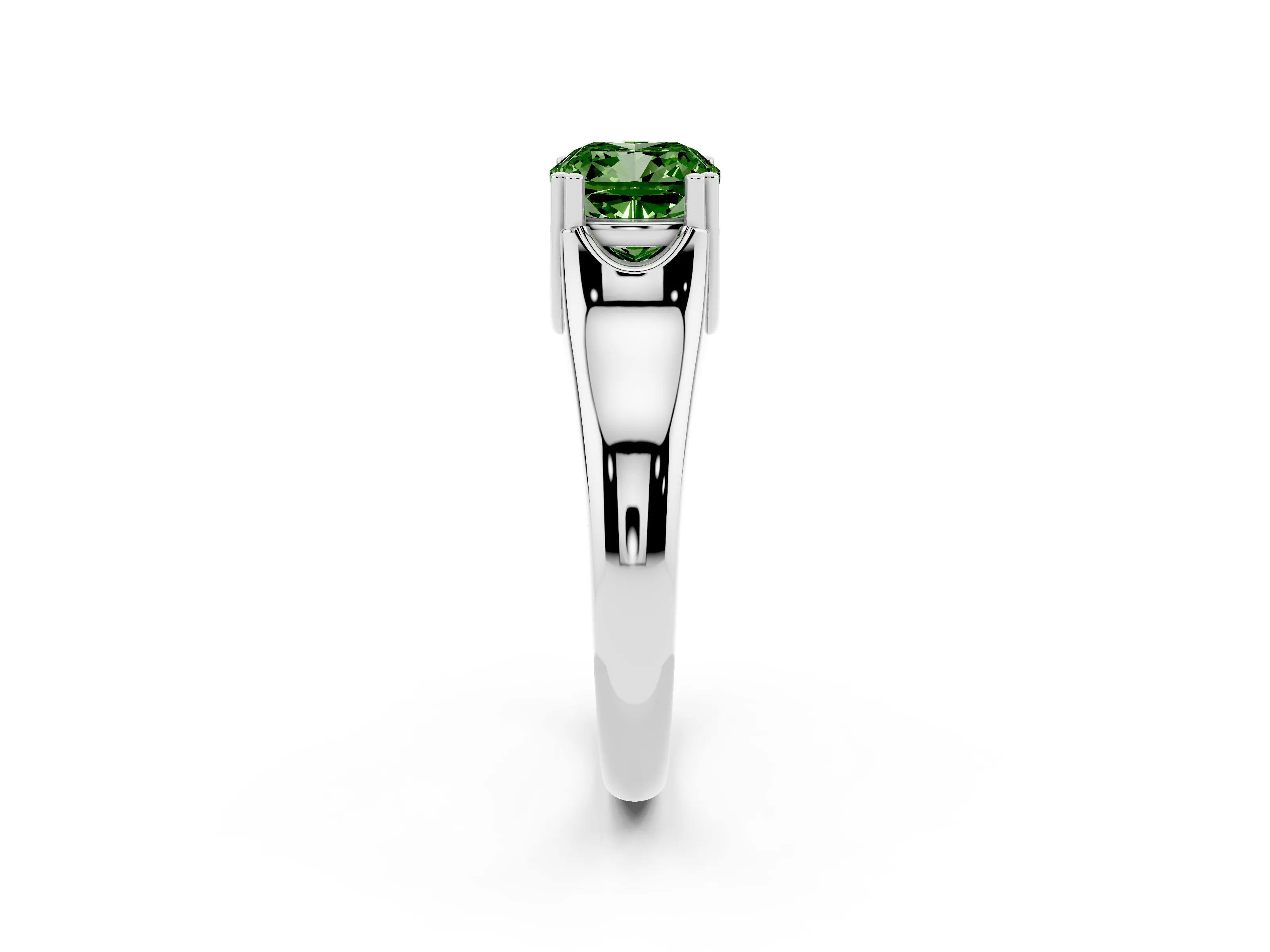 Fancy Green Cushion Cut Diamond Solitaire Ring Set in Silver with Wide Band and Prong Setting
