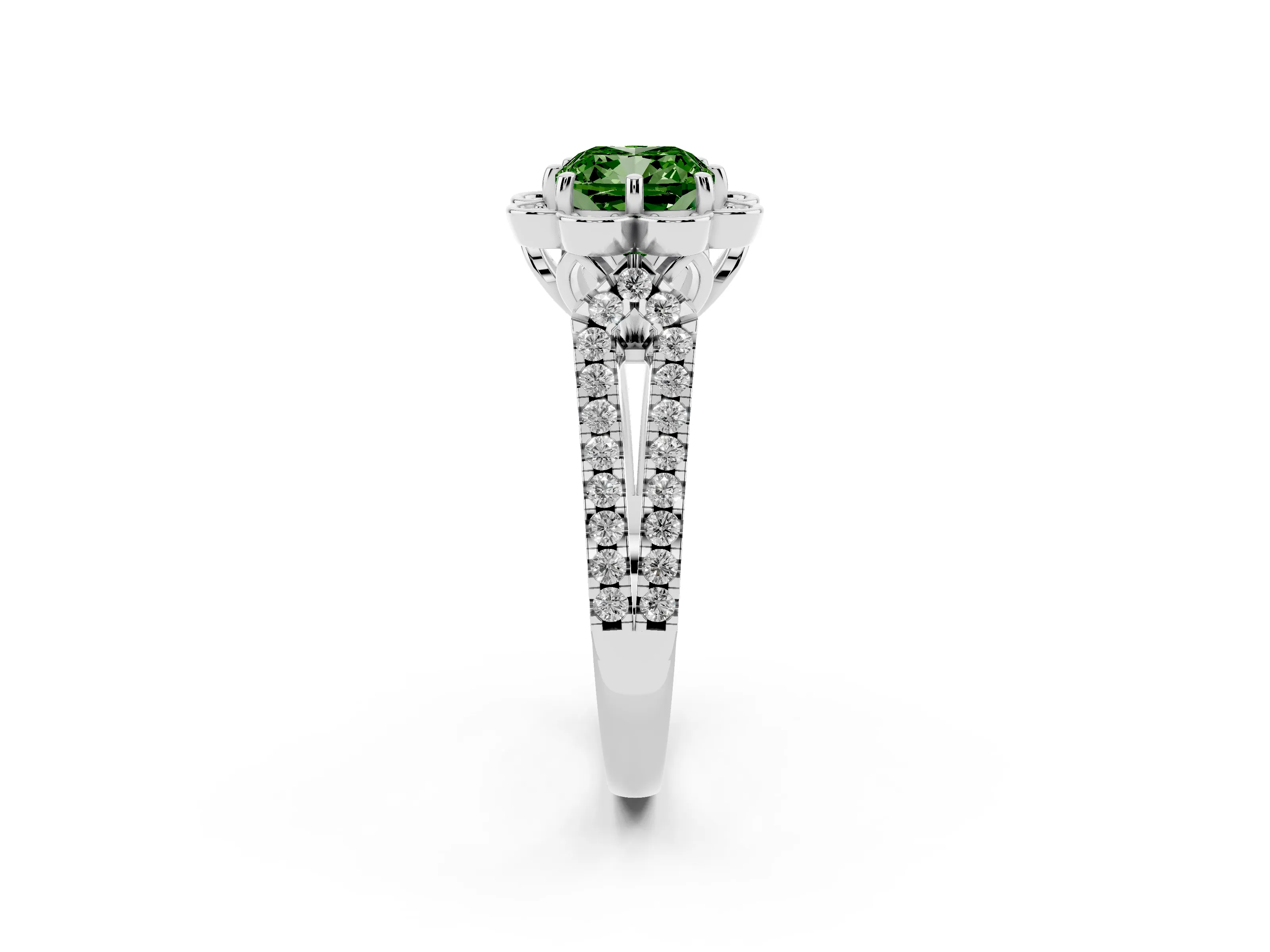 Fancy Green Cushion Cut Diamond Floral Halo Split Shank Engagement Ring Set in White gold with Pavé Shank