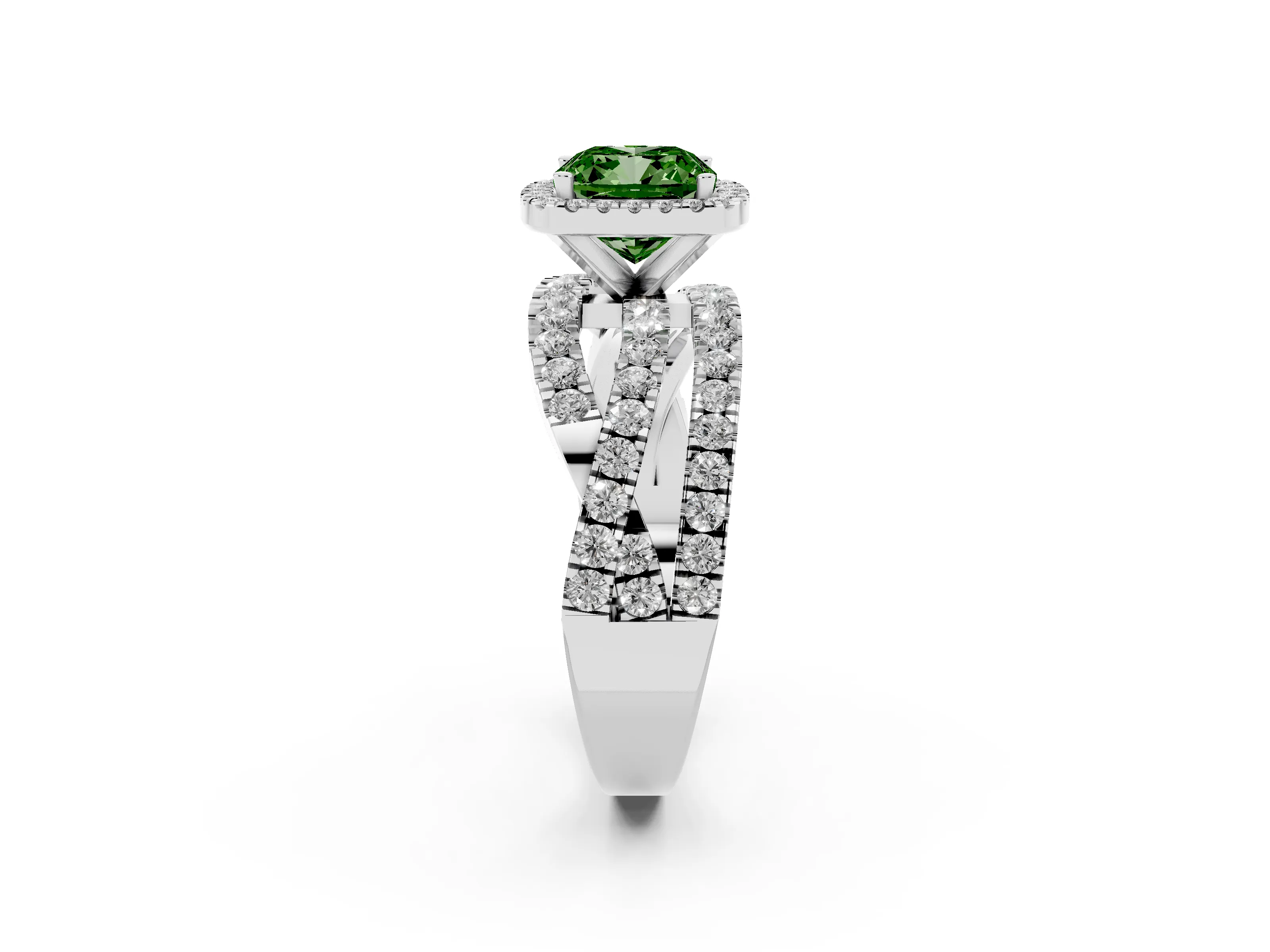 Fancy Green Cushion Cut Diamond Halo Ring Set in White gold with Round Crossover Split Shank and Prong Setting