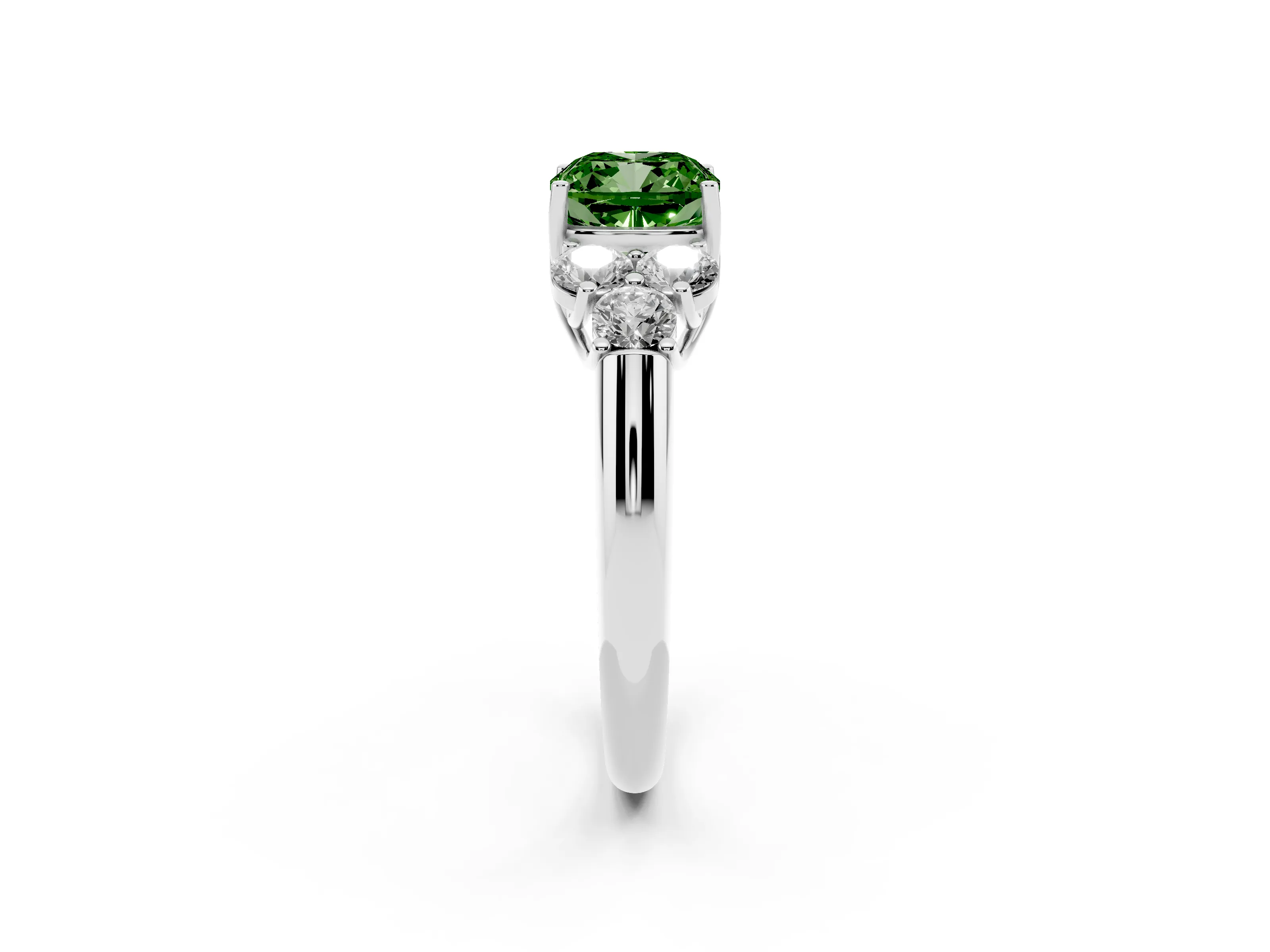 Fancy Green Cushion Cut Diamond Cluster Ring Set in White gold with Round Accent Stones and Prong Setting on a Plain Band