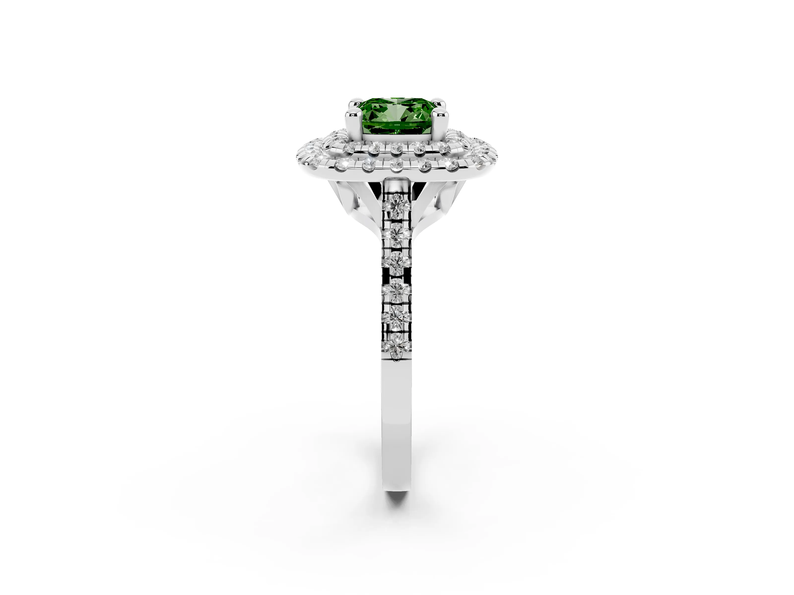 Fancy Green Cushion Cut Diamond Double Halo Statement Ring Set in White gold with Pavé Band