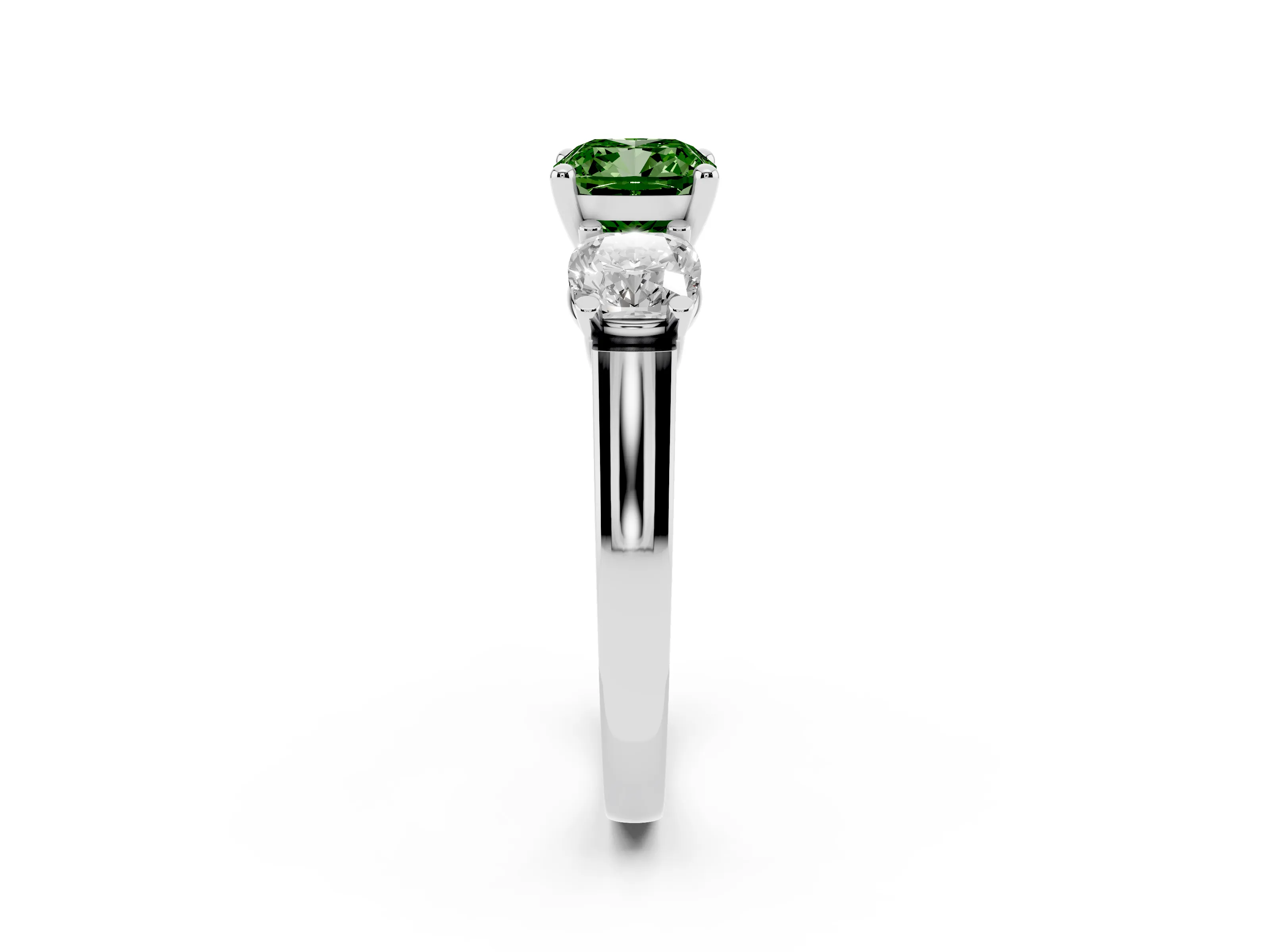 Fancy Green Cushion Cut Diamond Three-Stone Trellis Ring Set in Platinum with Comfort Fit Band