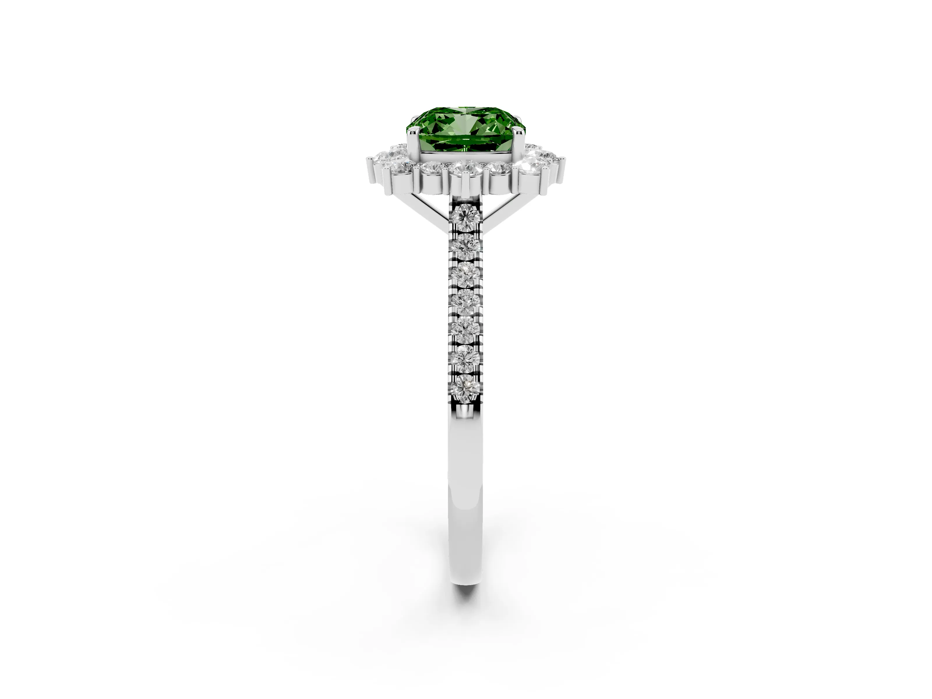 Fancy Green Cushion Cut Diamond Halo Ring Set in Silver with Pavé Band and Prong Setting