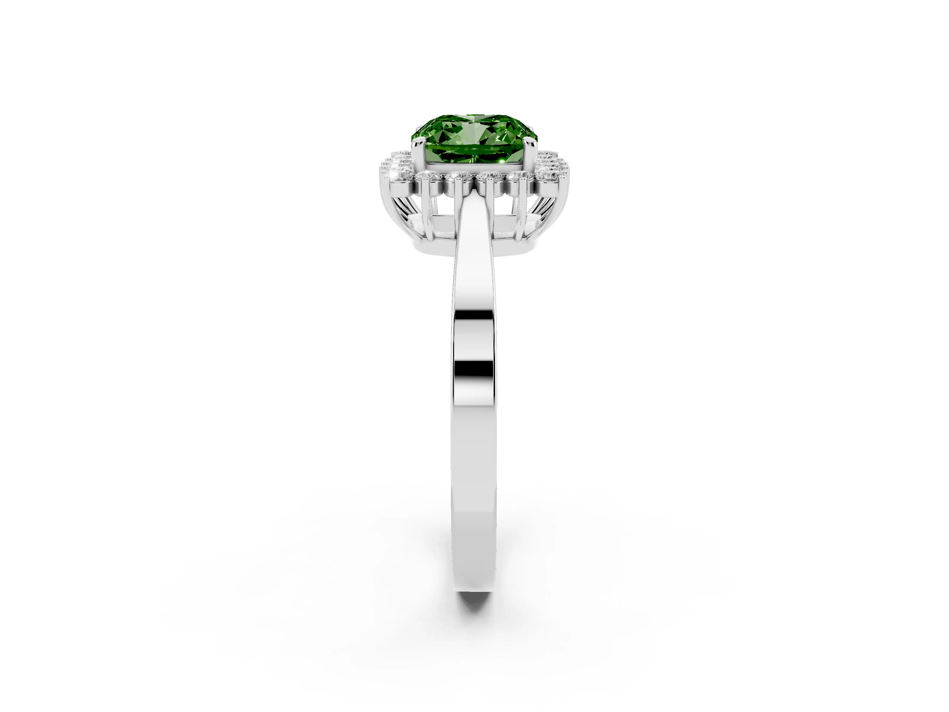 Fancy Green Cushion Cut Diamond Halo Ring Set in White gold with Round Halo and Smooth Solitaire Band