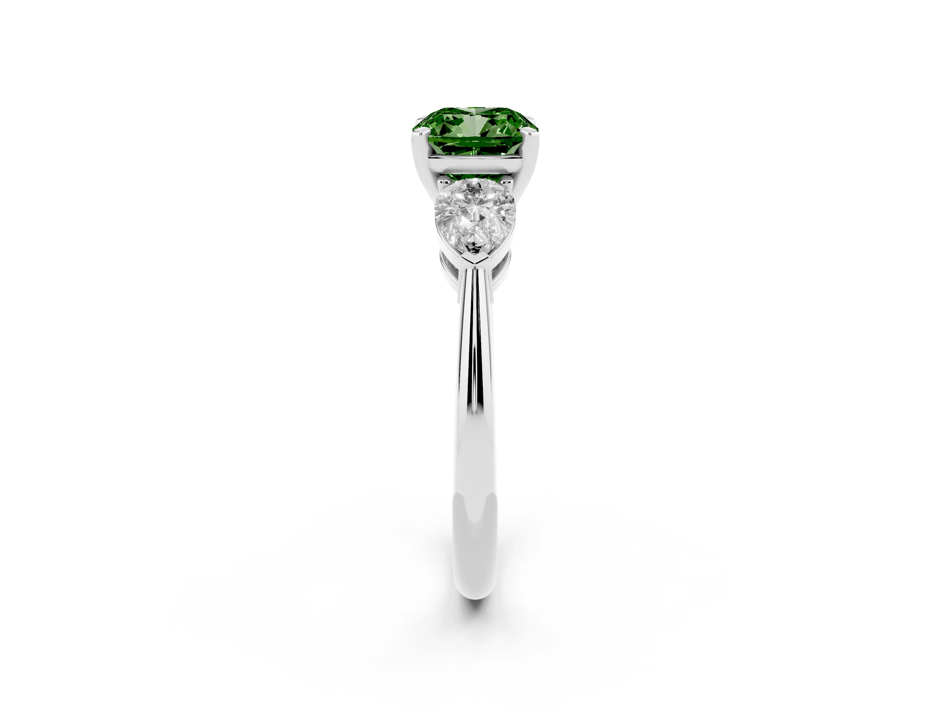 Fancy Green Three-Stone Cushion Cut Diamond Ring Set in Platinum with Pear Side Stones and Prong Setting