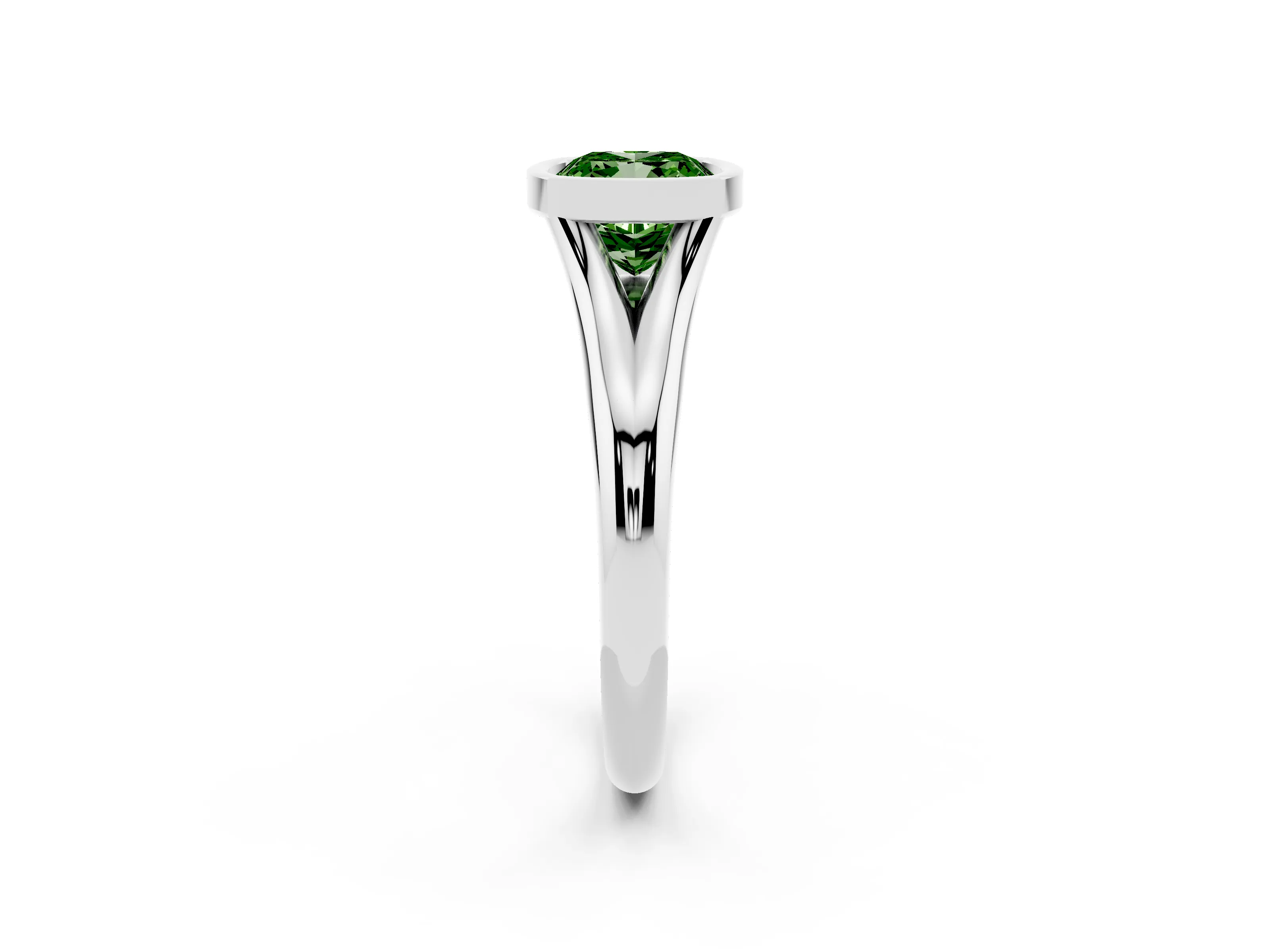 Fancy Green Bezel Set Cushion Cut Diamond Solitaire Ring Set in Silver with Smooth Band