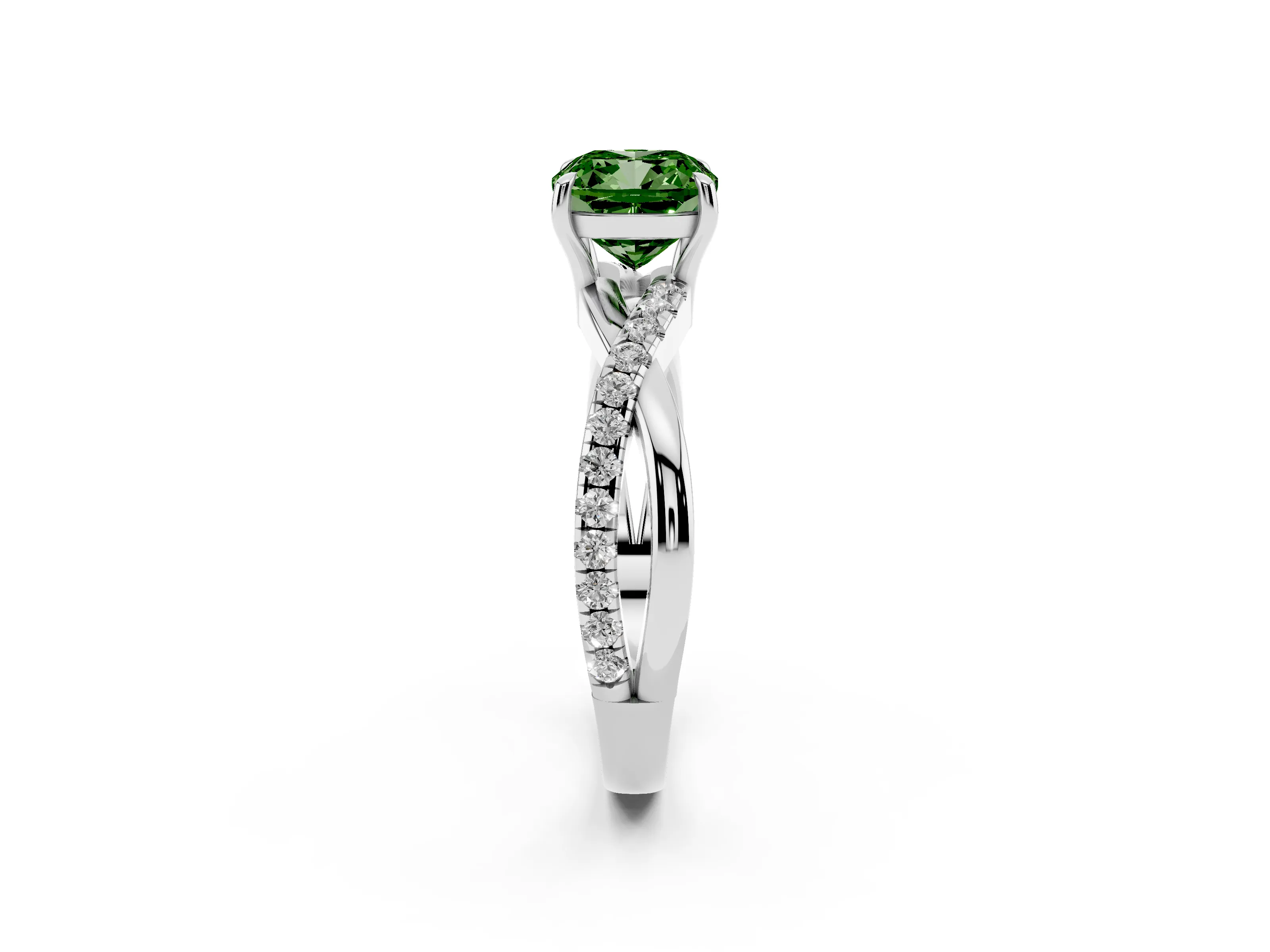 Fancy Green Cushion Cut Diamond Twisted Pavé Band Ring Set in White gold with Prong Setting
