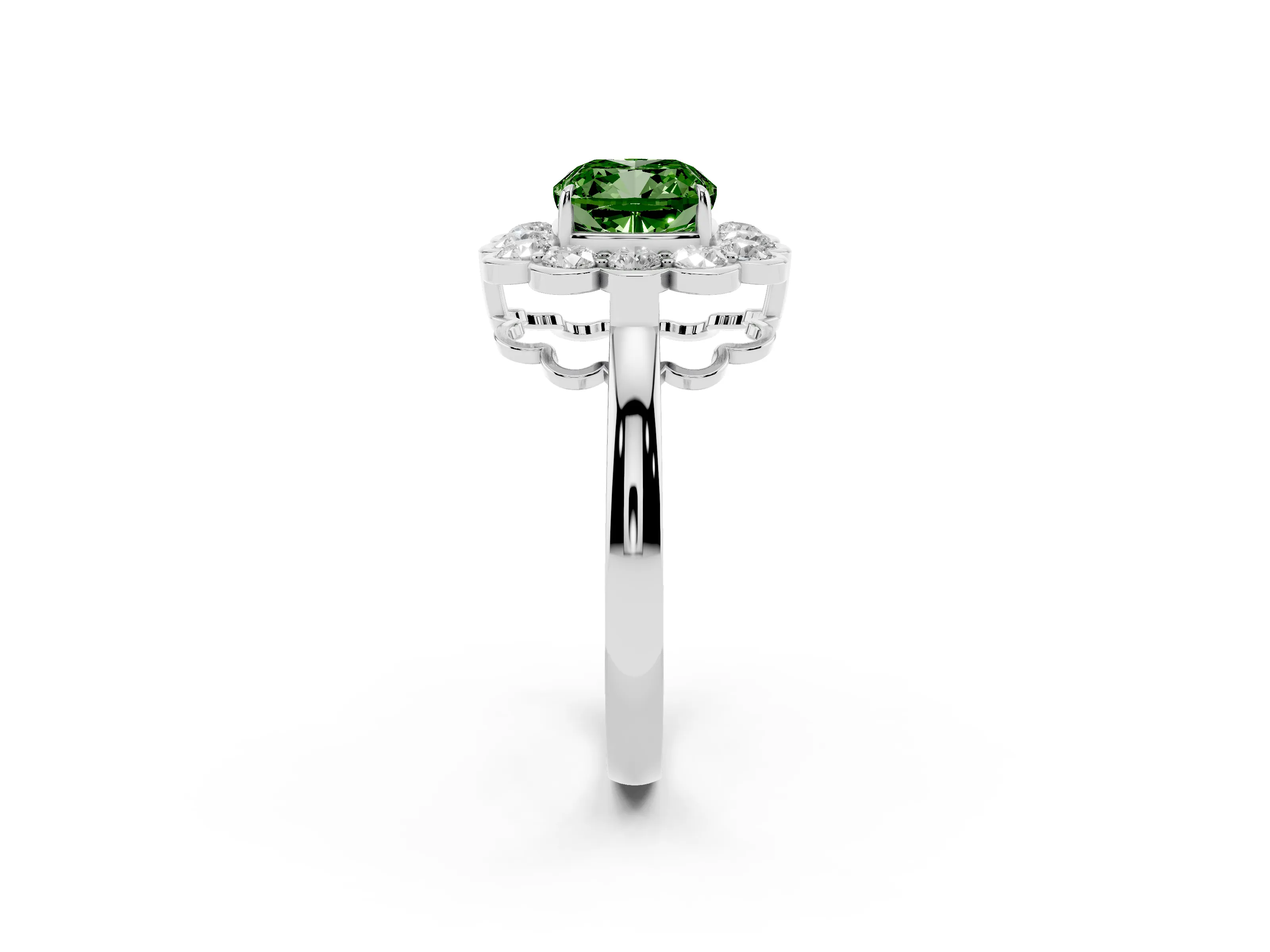 Fancy Green Cushion Cut Diamond Halo Cluster Engagement Ring Set in White gold with Solitaire Band and Prong Setting