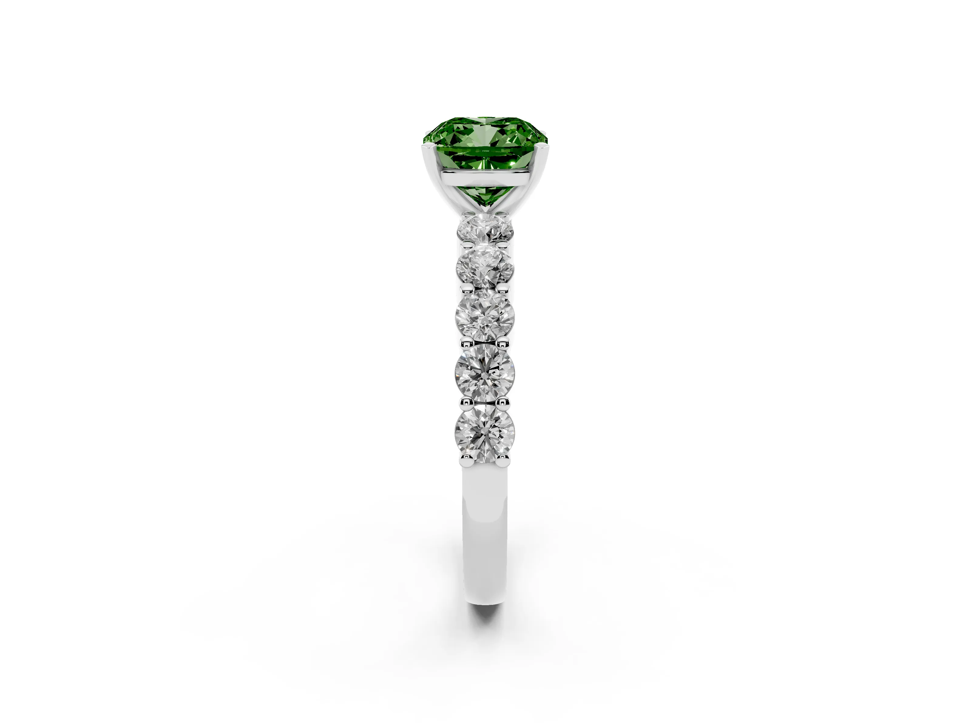 Fancy Green Cushion Cut Diamond Solitaire Ring Set in Silver with Shared Prong Round Side Stones