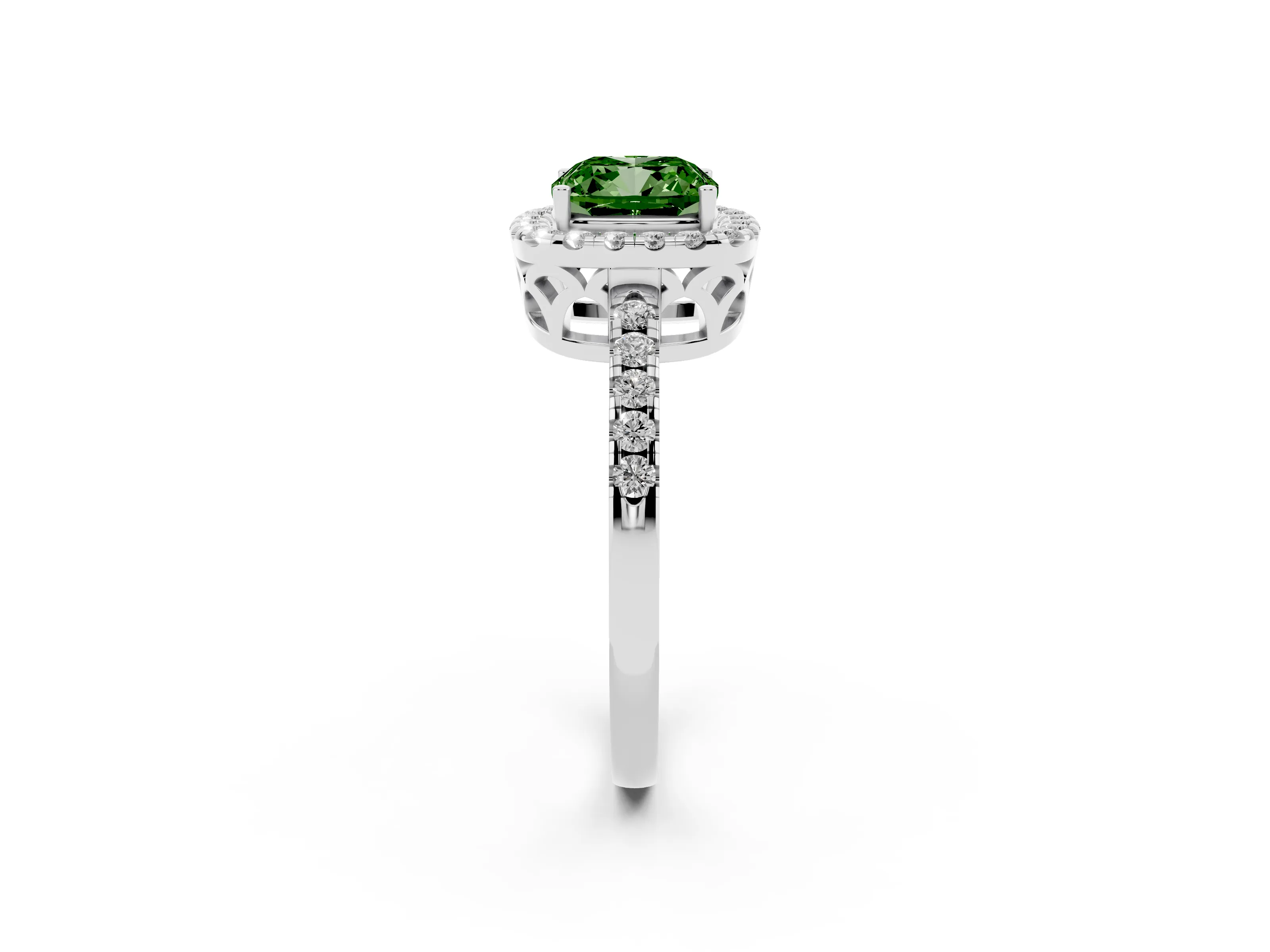 Fancy Green Cushion Cut Diamond Pavé Band Halo Engagement Ring Set in Platinum with Prong Setting