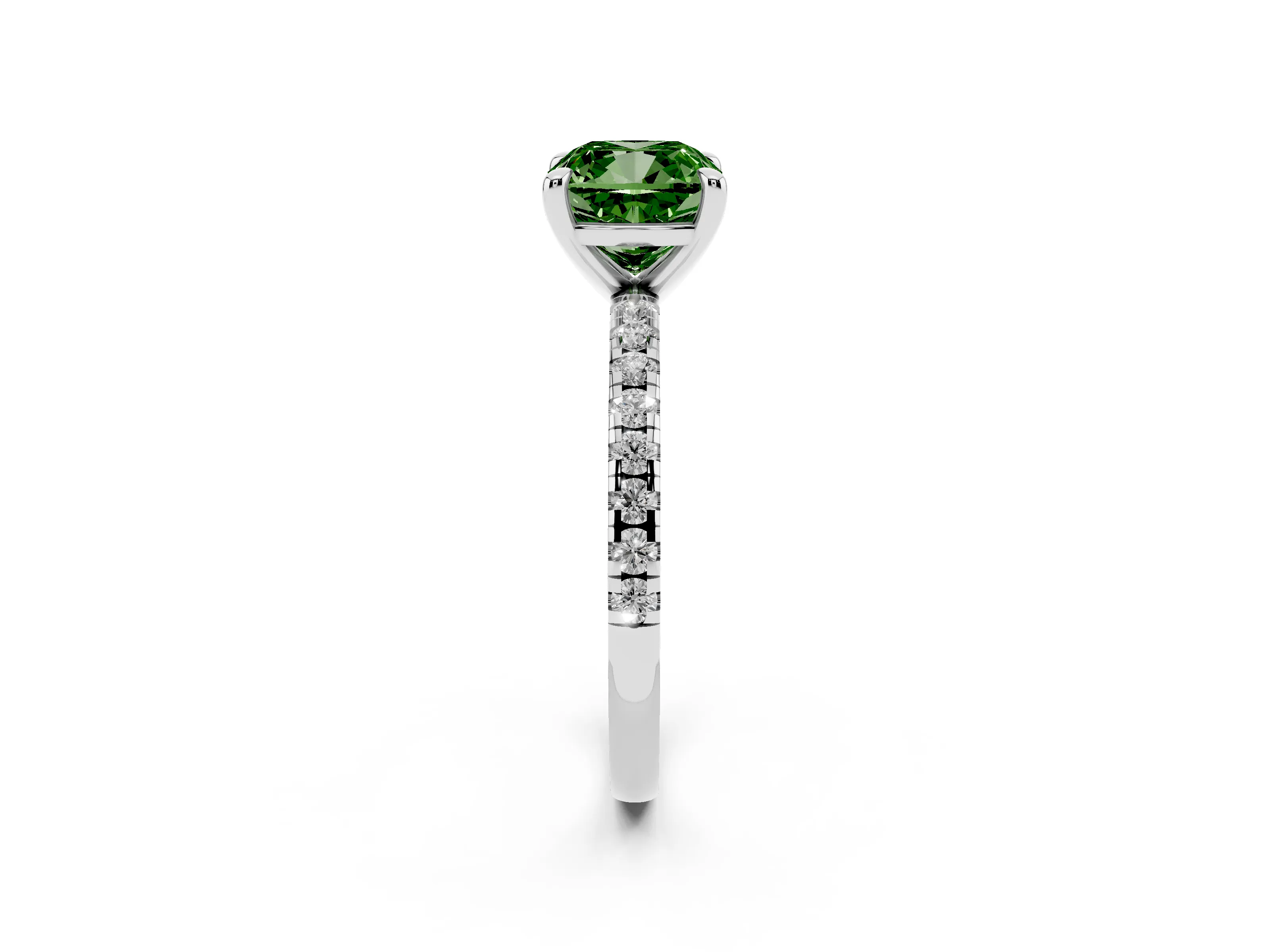 Fancy Green Cushion Cut Diamond Brilliant Solitaire Ring Set in Platinum with Pavé Band and Prong Setting