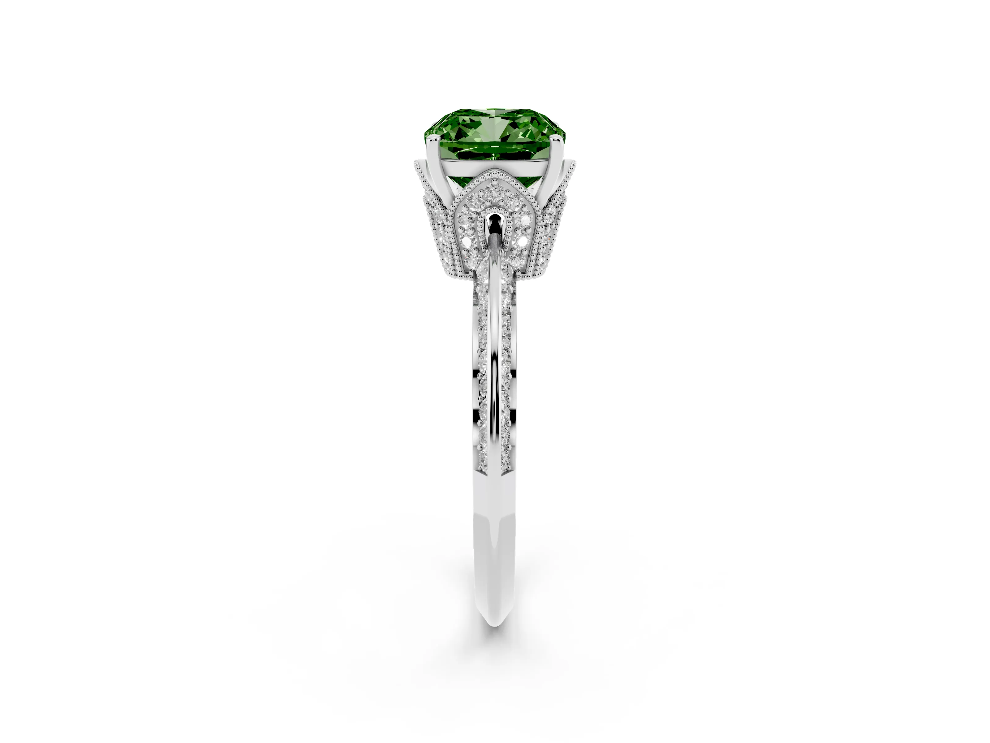 Fancy Green Cushion Cut Diamond Solitaire Engagement Ring Set in Silver with Pavé Split Shank and Prong Setting