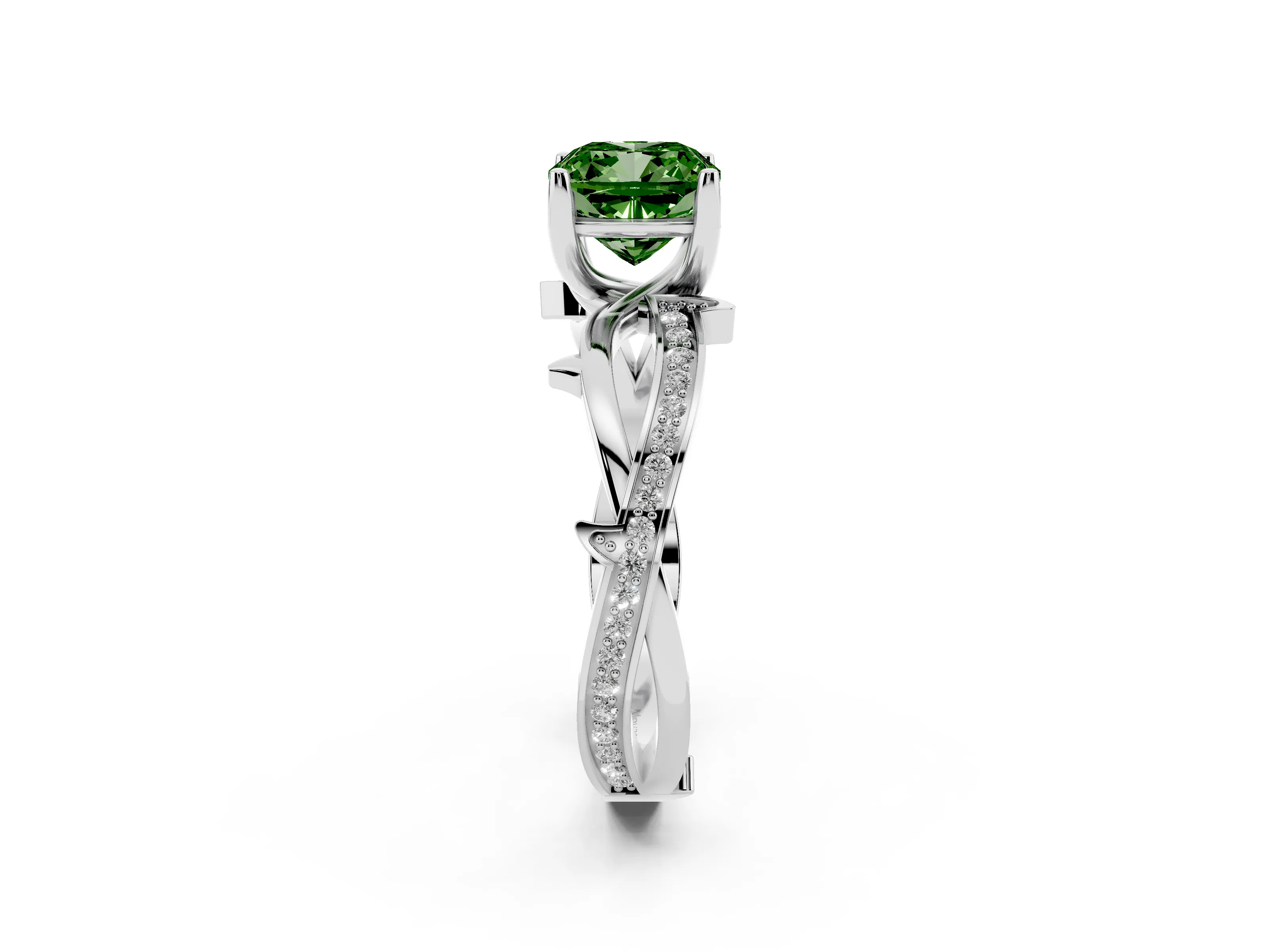 Fancy Green Cushion Cut Diamond Pavé Twist Band Solitaire Ring Set in Silver with Prong Setting