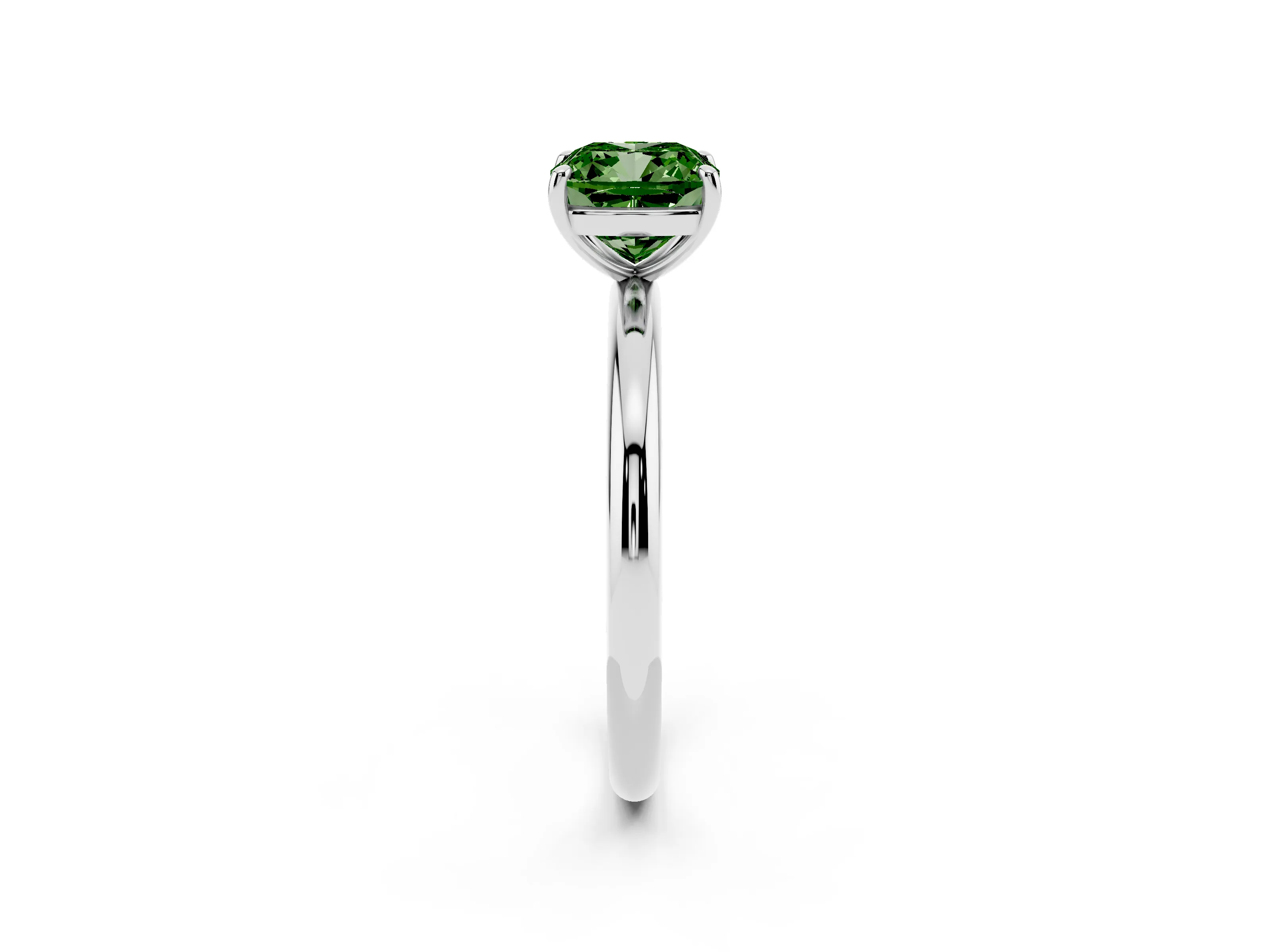 Fancy Green Cushion Cut Diamond Solitaire Ring Set in White gold with Prong Setting on a Polished Plain Band